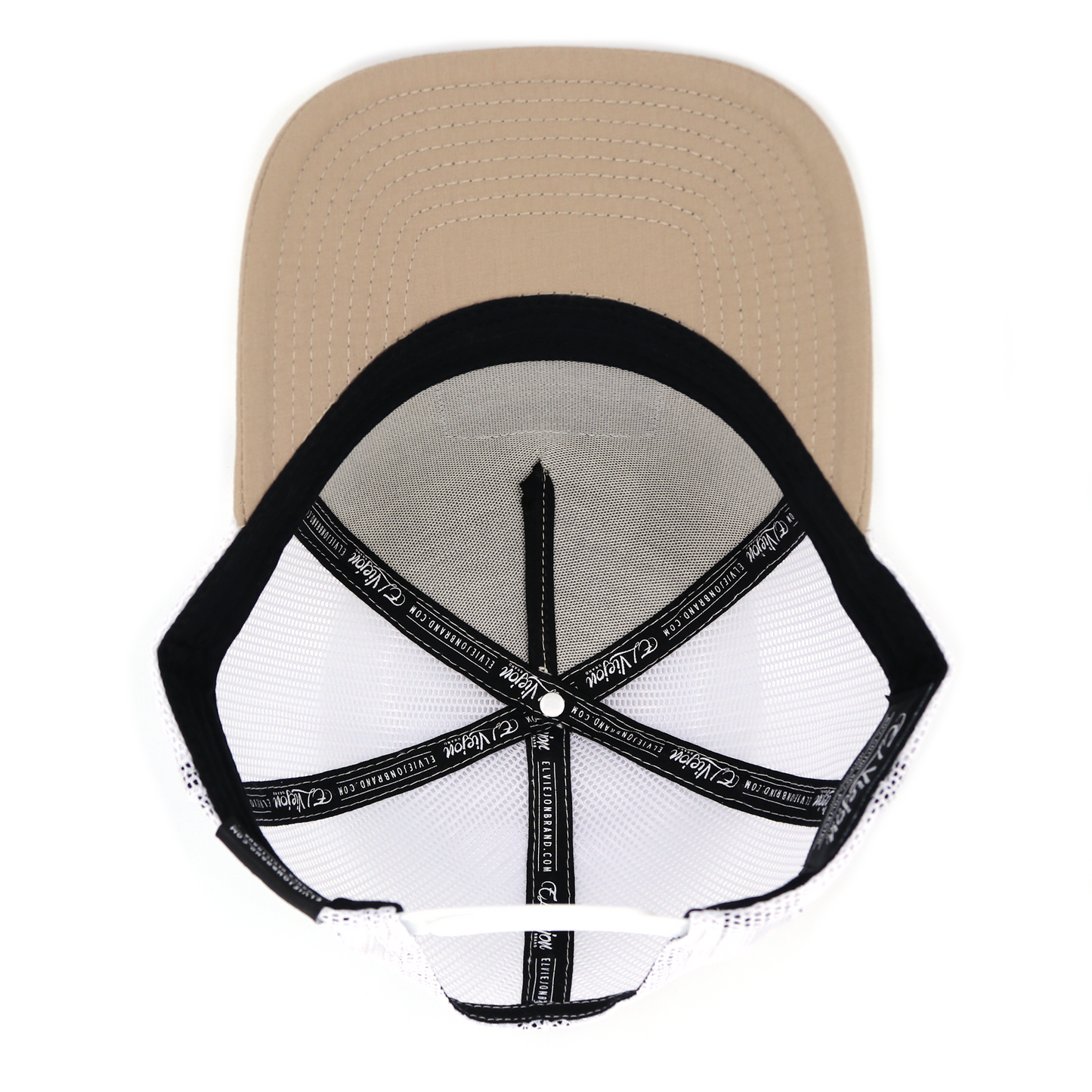 Bailador Khaki/White AVC hat, high profile, 5-panel, pre-curved visor, adjustable snapback.