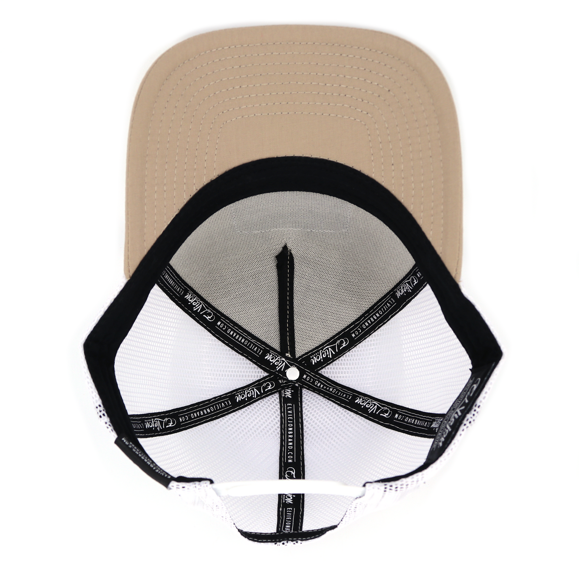 Bailador Khaki/White AVC hat, high profile, 5-panel, pre-curved visor, adjustable snapback.