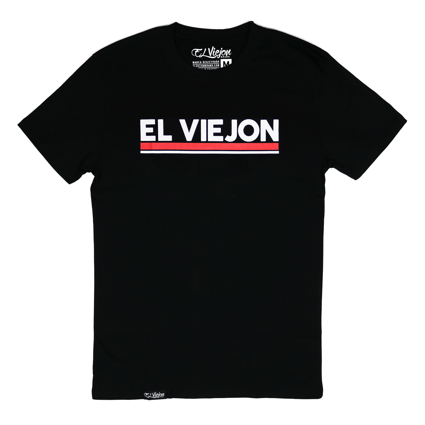 Black 100% cotton Euro Shirt with "EL VIEJON" in white and red stripes on front.