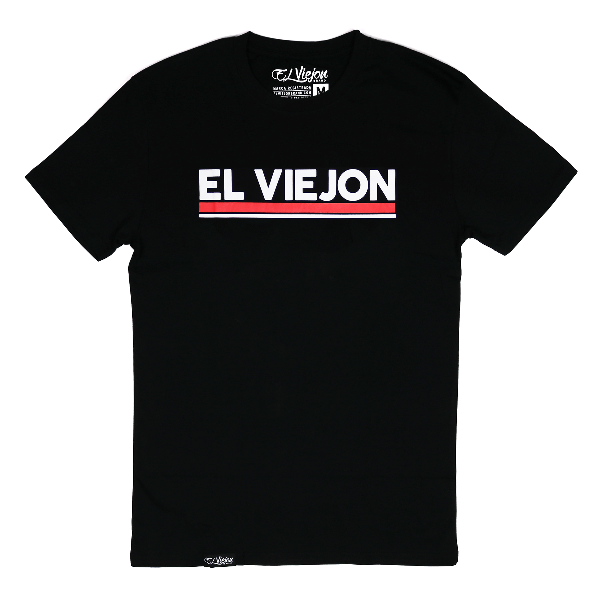 Black 100% cotton Euro Shirt with "EL VIEJON" in white and red stripes on front.