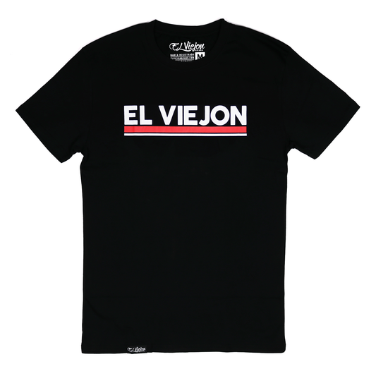 Black 100% cotton Euro Shirt with "EL VIEJON" in white and red stripes on front.