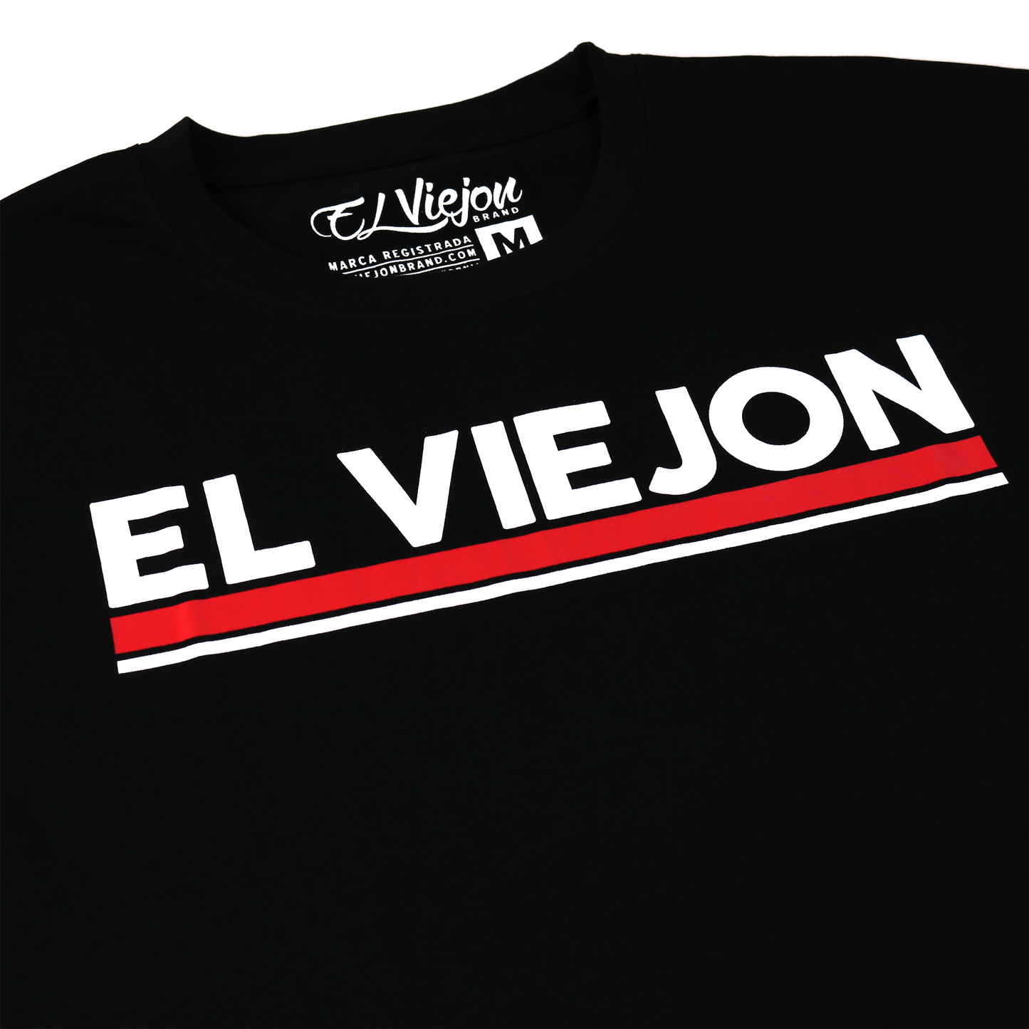 Black 100% cotton Euro Shirt with "EL VIEJON" screen-printed in white and red, M size tag visible.
