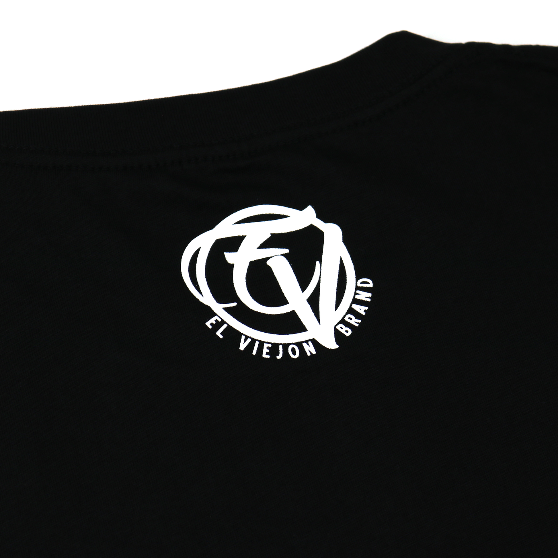 Black Alpha Shirt with white "EL VIEJON BRAND" screen-printed logo on the back, 100% cotton.