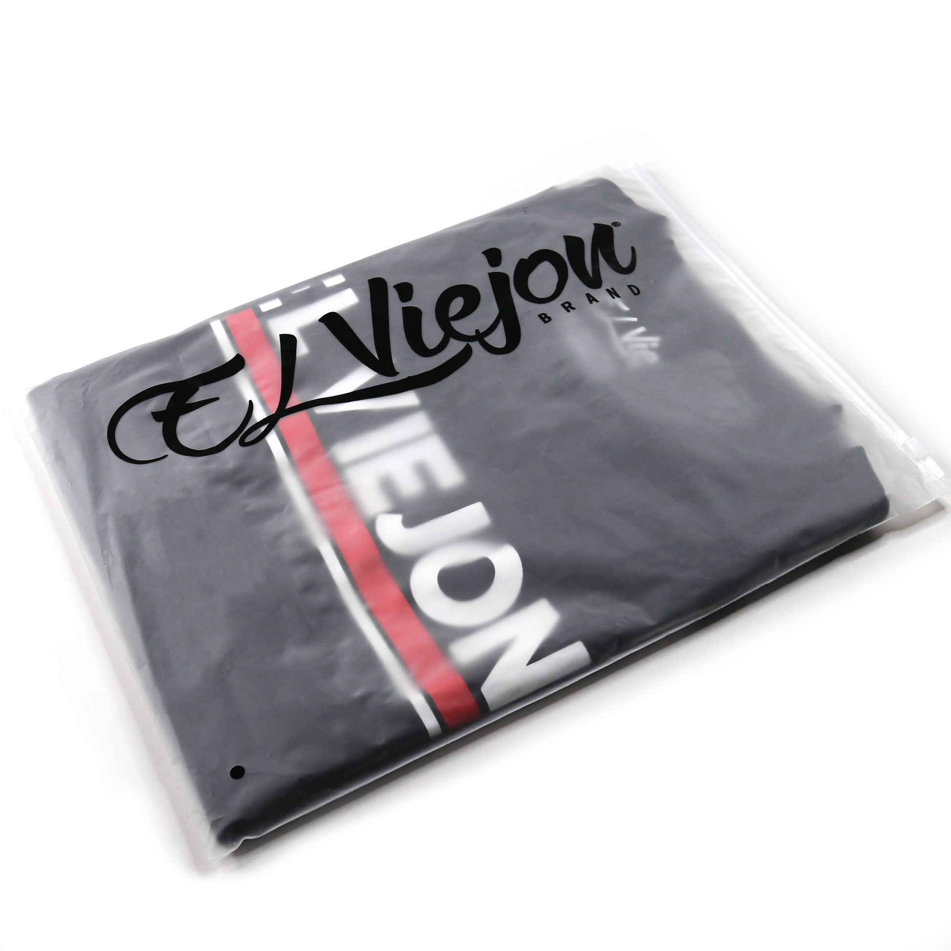 Black Euro Shirt by El Viejon Brand, 100% cotton, with screen-printed logo, packaged in clear plastic.