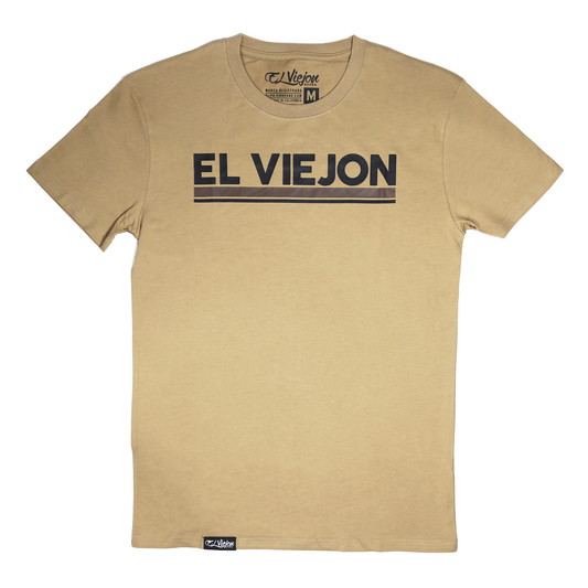 Khaki Euro Shirt, 100% cotton, with "EL VIEJON" screen-printed in black on the front.