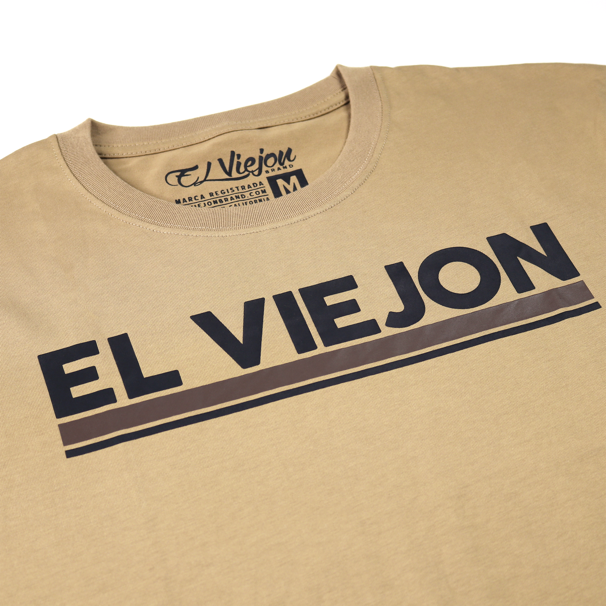 Khaki Euro Shirt, 100% cotton, with "EL VIEJON" screen-printed logo in dark brown.