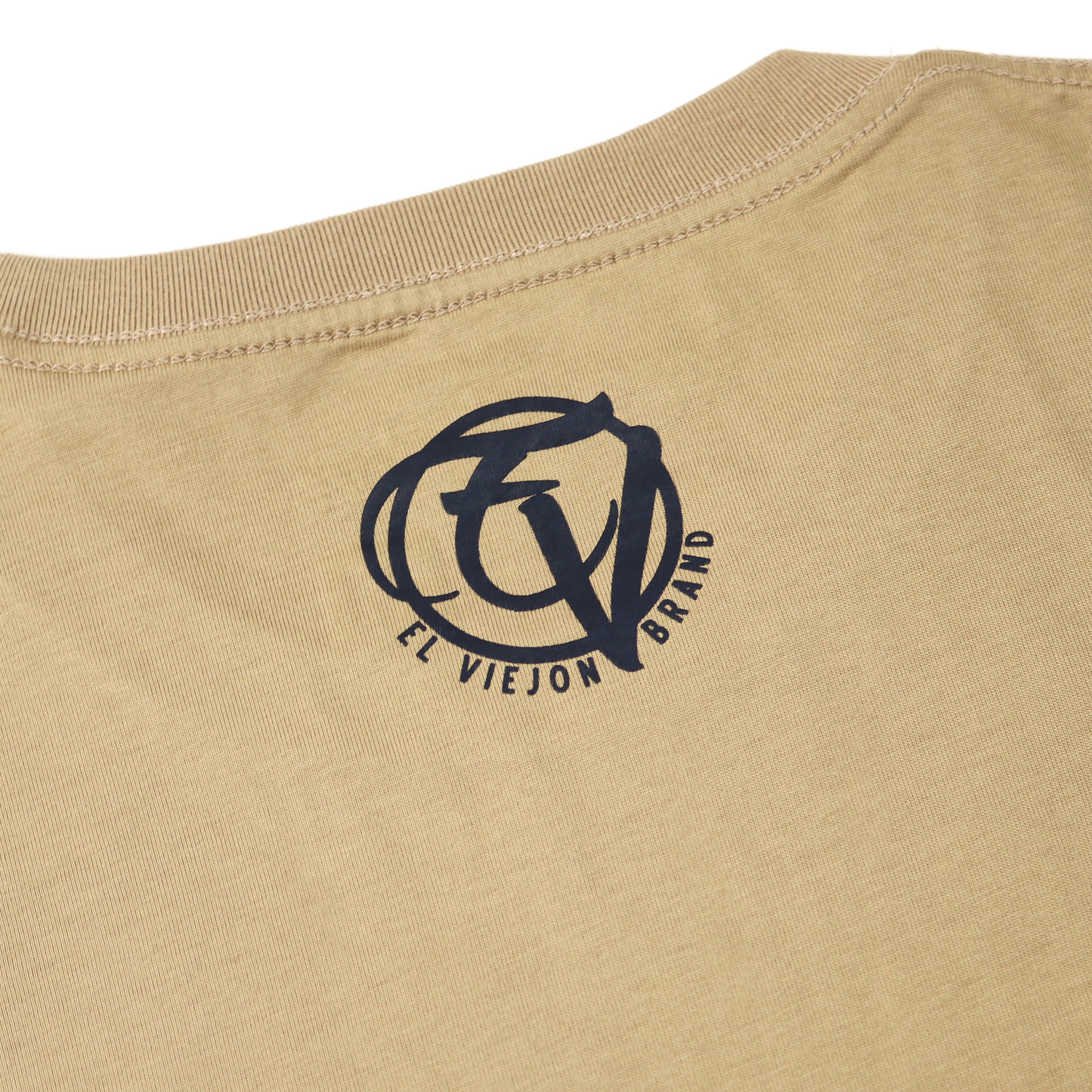 Khaki Euro Shirt, 100% cotton, with a dark blue "EL VIEJON BRAND" screen-printed logo on the back.