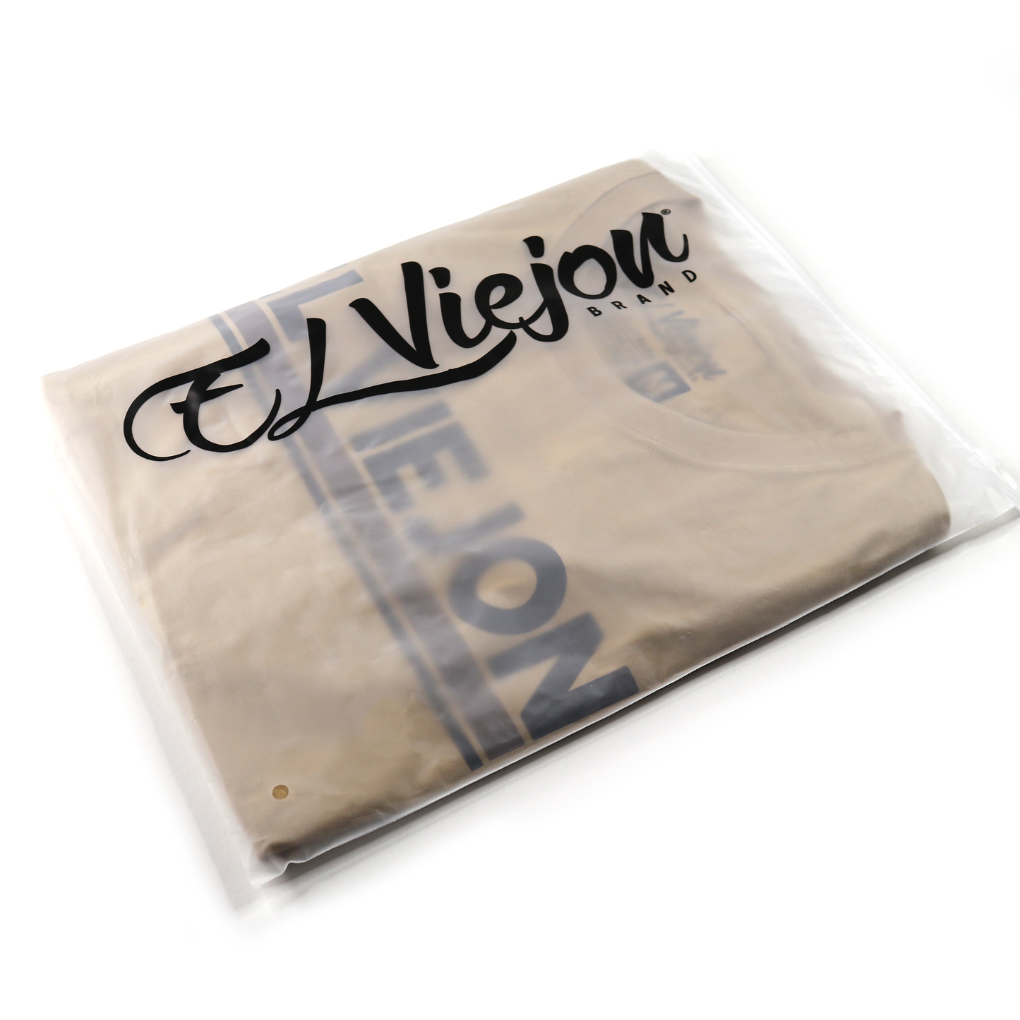 Khaki Euro Shirt folded in clear packaging with "El Viejou Brand" logo.