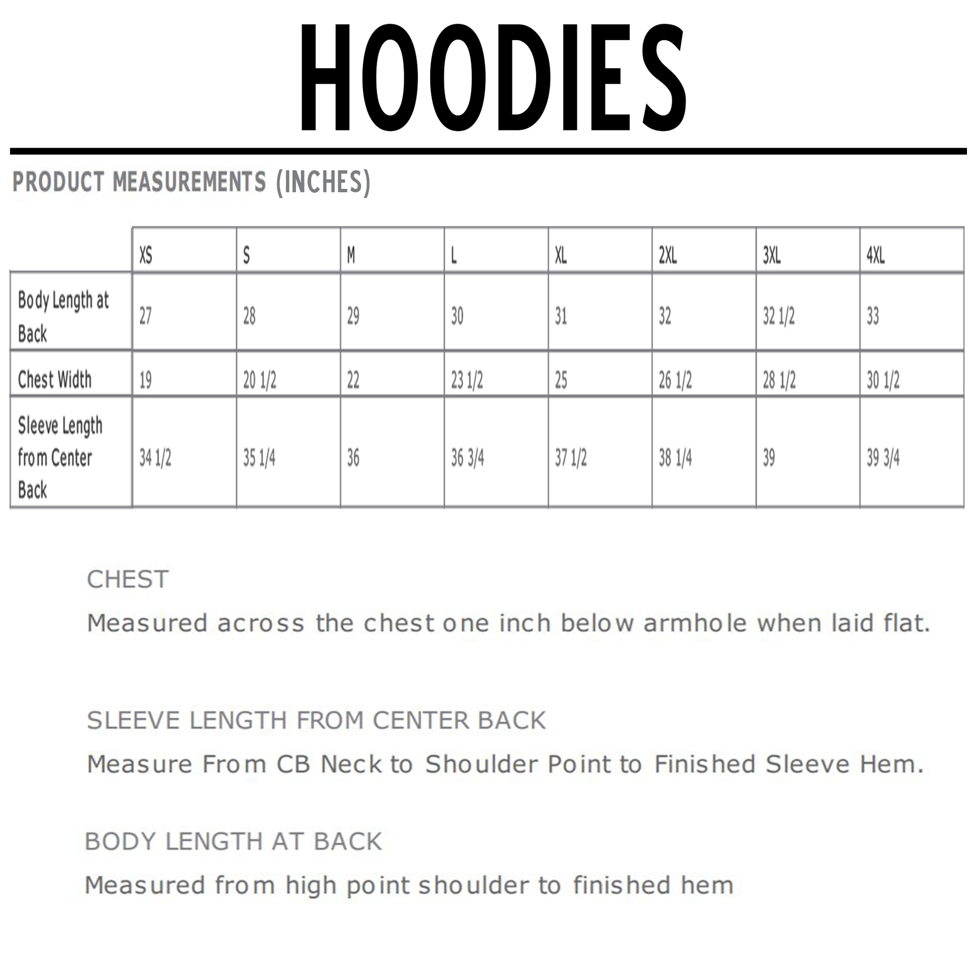 Hoodie size chart in inches, showing body length, chest width, and sleeve length for XS to 4XL.