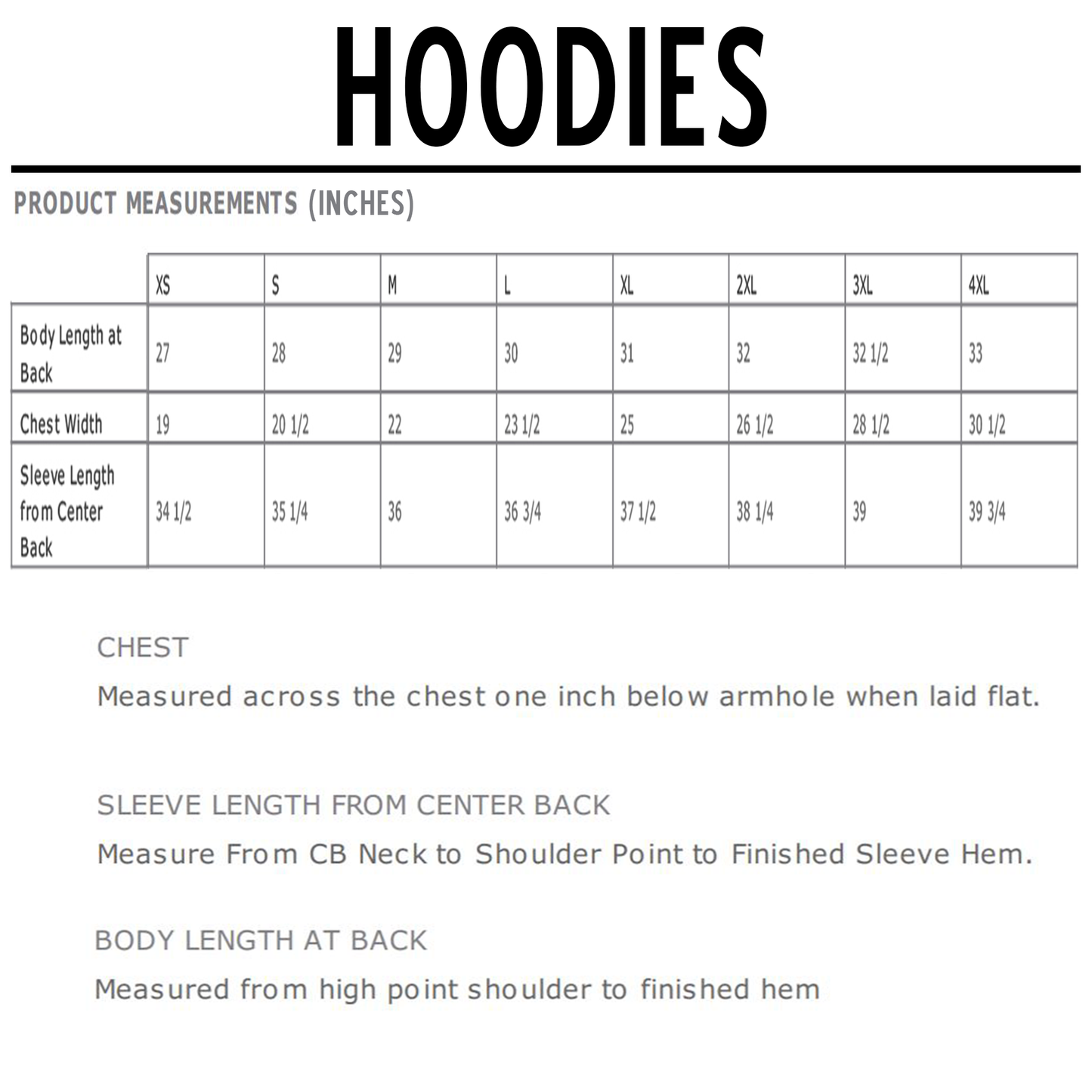 Hoodie size chart with measurements in inches for XS to 4XL, including chest, sleeve, and body length.