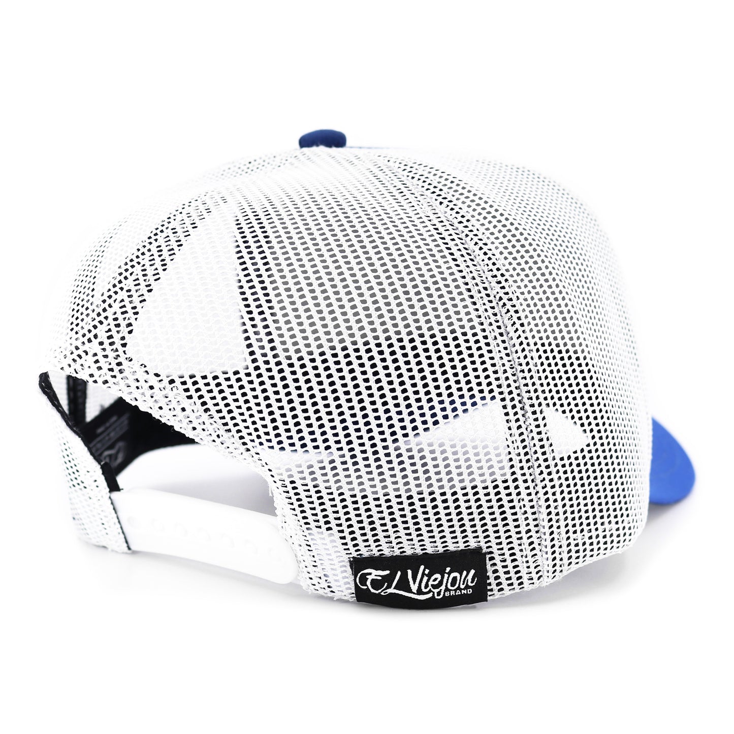 Halcon Blue/Navy/White AVC hat with white mesh back, adjustable snapback, and El Viejou Brand tag.