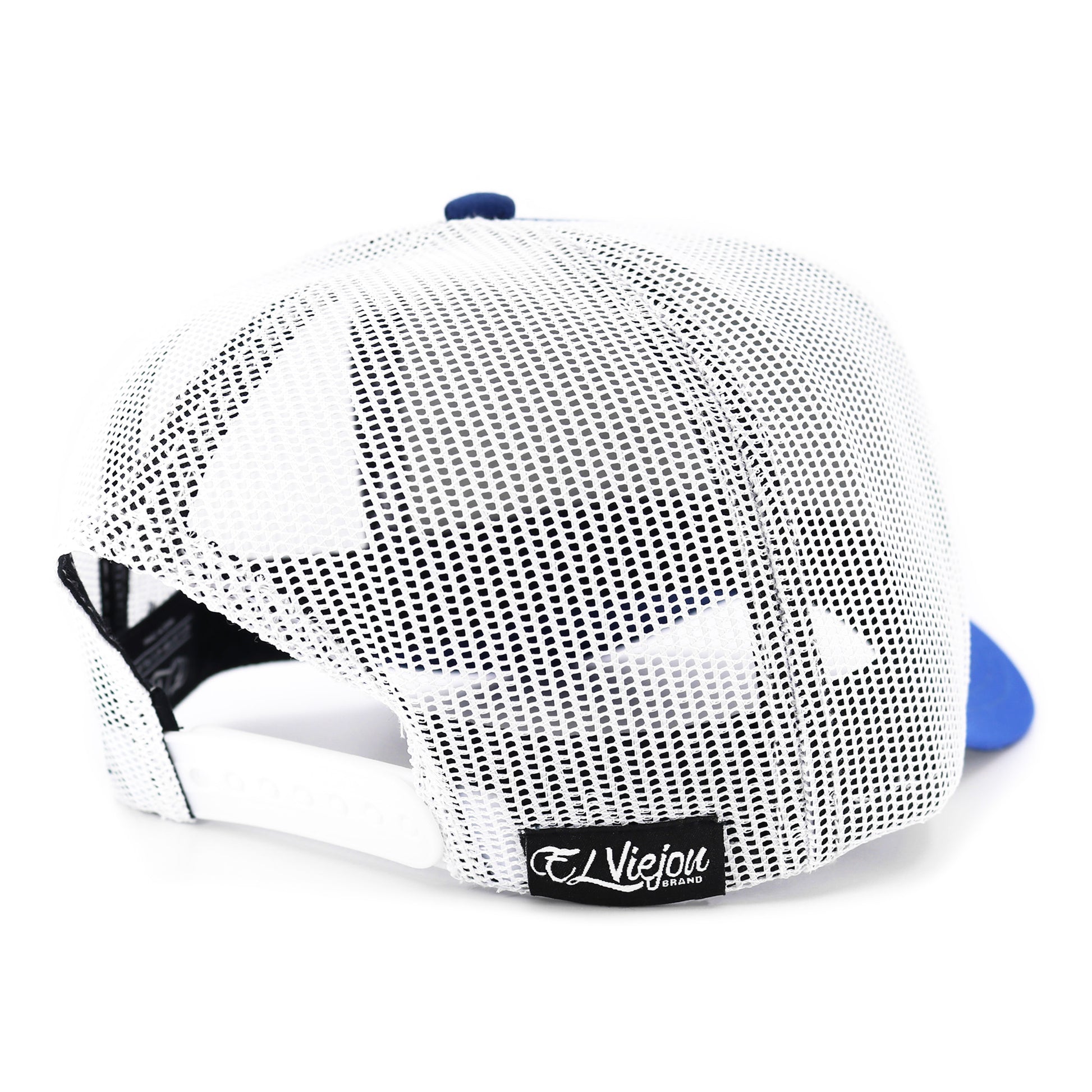 Halcon Blue/Navy/White AVC hat with white mesh back, adjustable snapback, and El Viejou Brand tag.