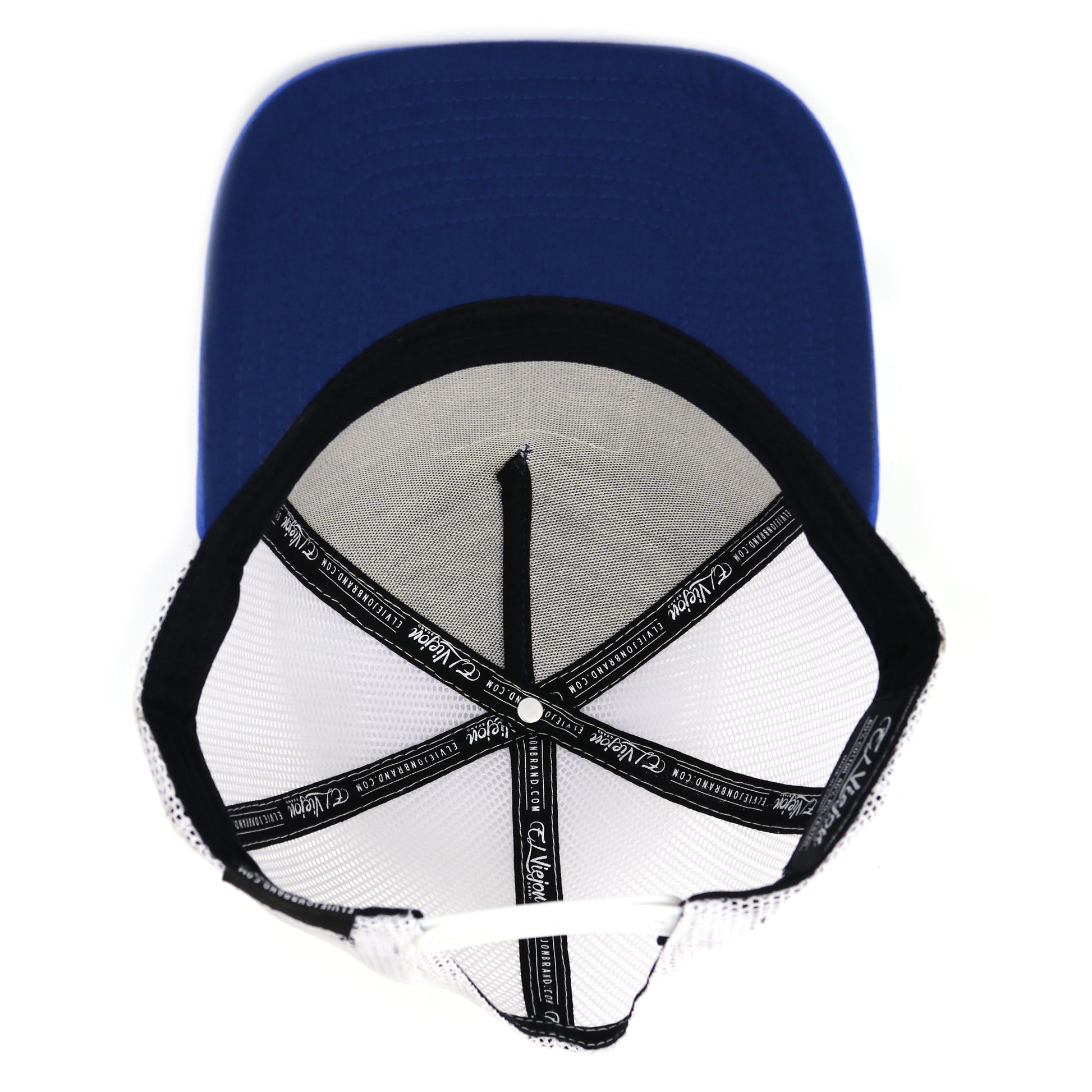 Halcon Blue/Navy/White AVC hat with blue crown, white mesh, and black interior branding.