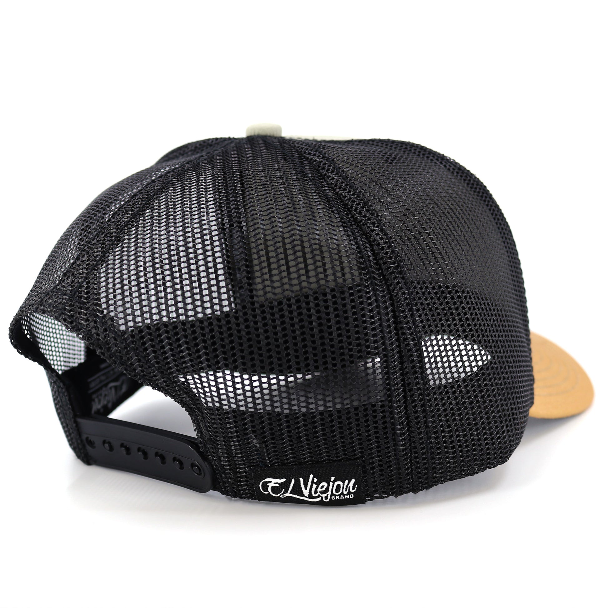 Halcon Camel/Tope/Black AVC hat with black mesh back, adjustable snapback, and El Viejou Brand logo.