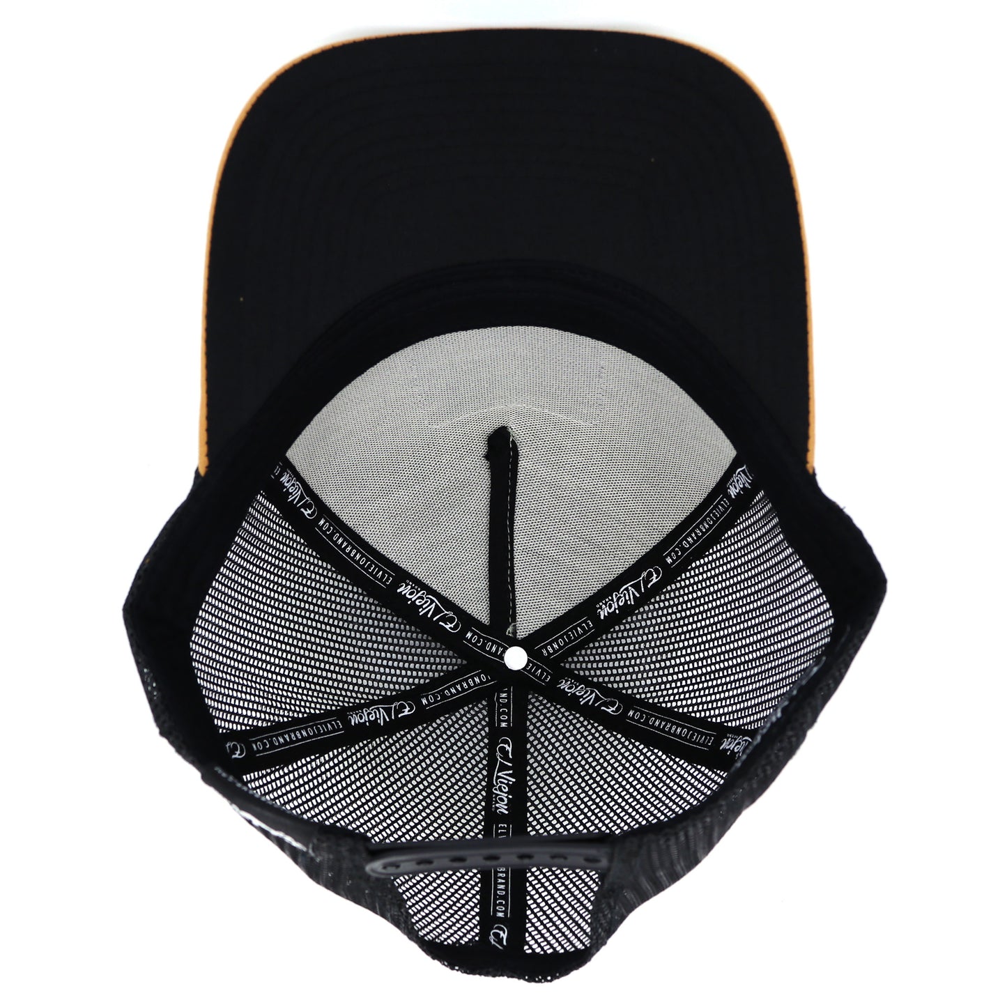Halcon Camel/Tope/Black AVC hat, high profile, pre-curved visor, black mesh back, adjustable snapback.