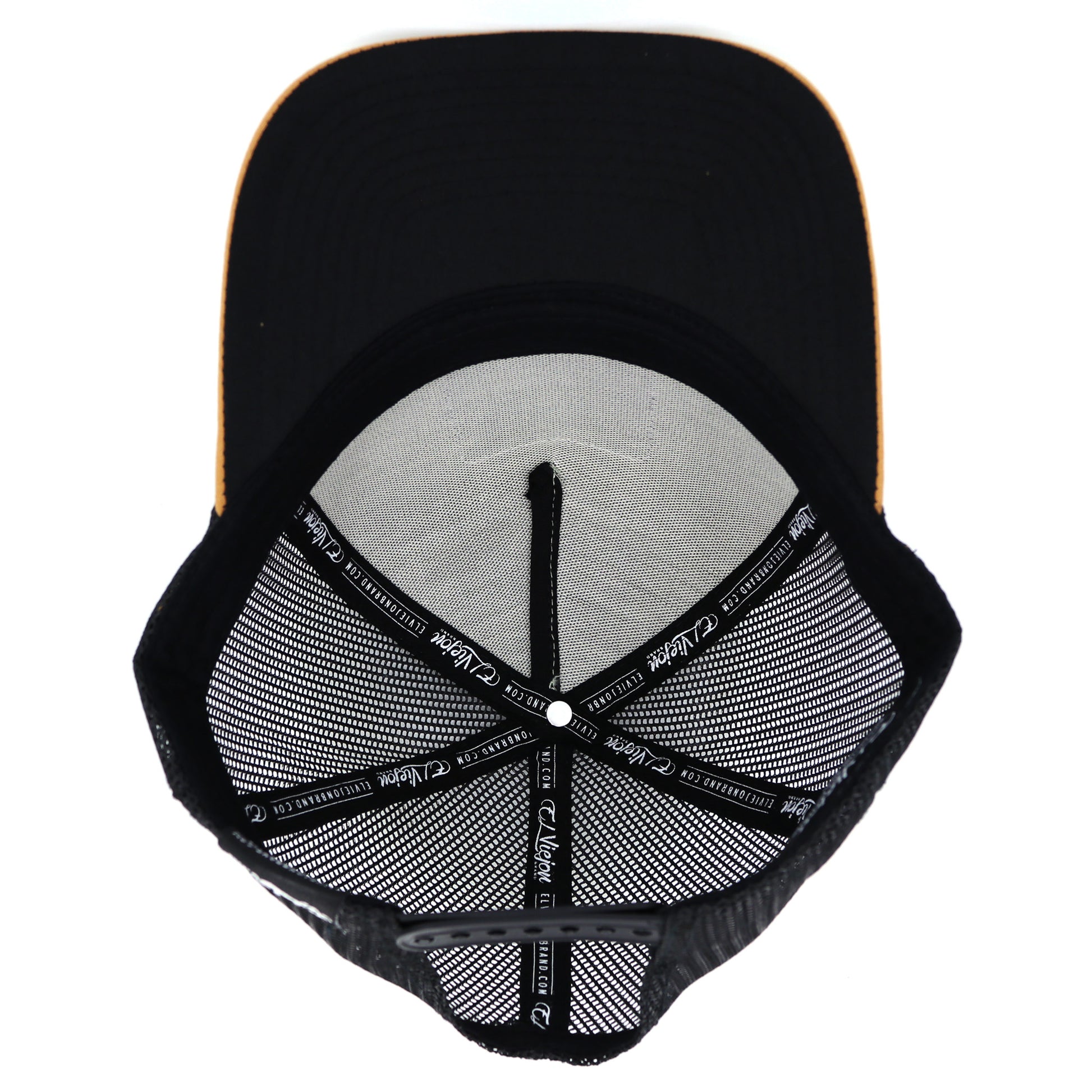 Halcon Camel/Tope/Black AVC hat, high profile, pre-curved visor, black mesh back, adjustable snapback.