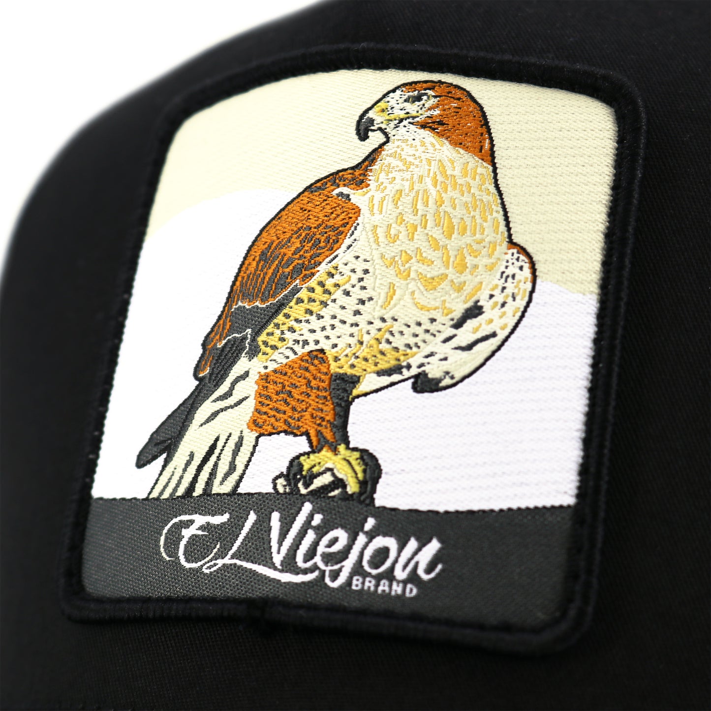 Halcon Black AVC hat with a detailed falcon patch and "El Viejou Brand" text.