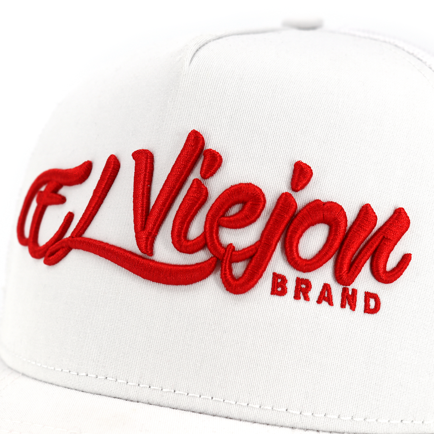 White La Original AVC hat with red "El Viejon Brand" embroidered logo, high profile, pre-curved visor.