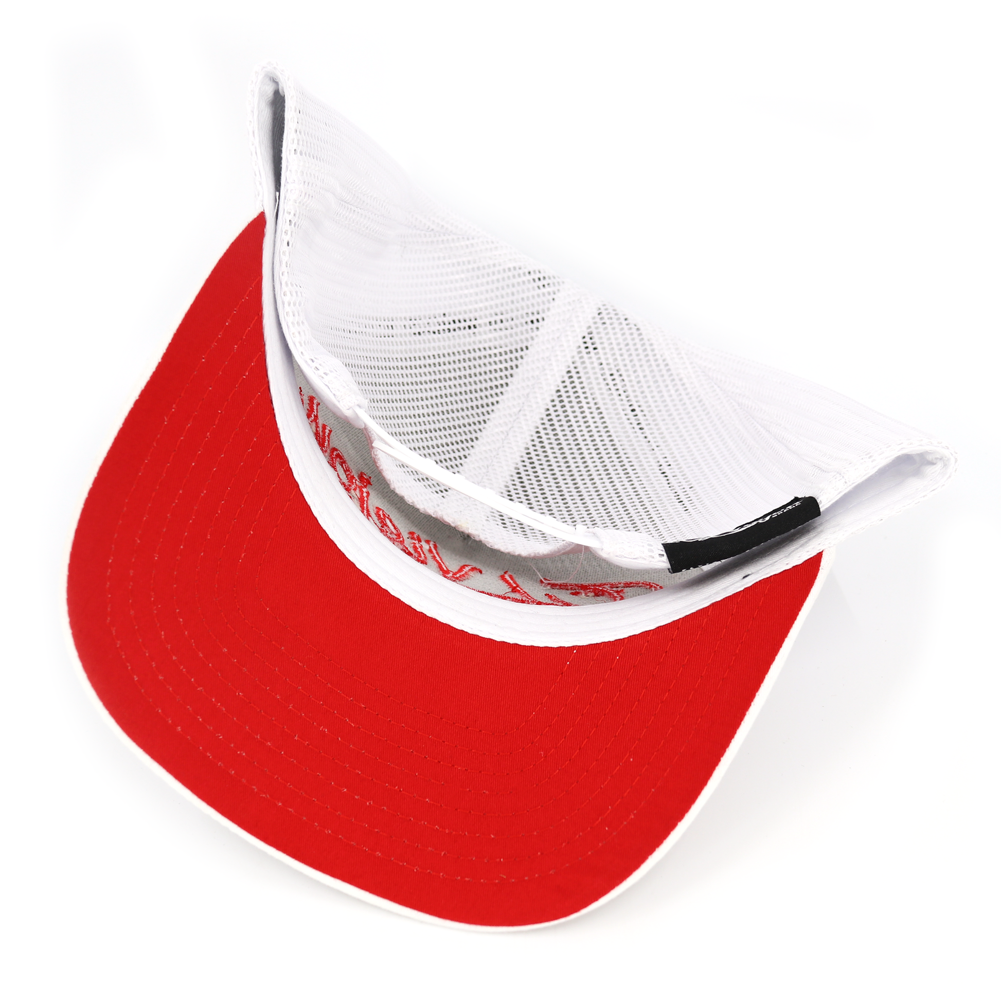 La Original White AVC hat with red pre-curved visor, white mesh back, and adjustable snapback.