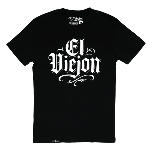 Black 100% cotton "El Viejon" t-shirt with white gothic script logo on front and small logo on hem.
