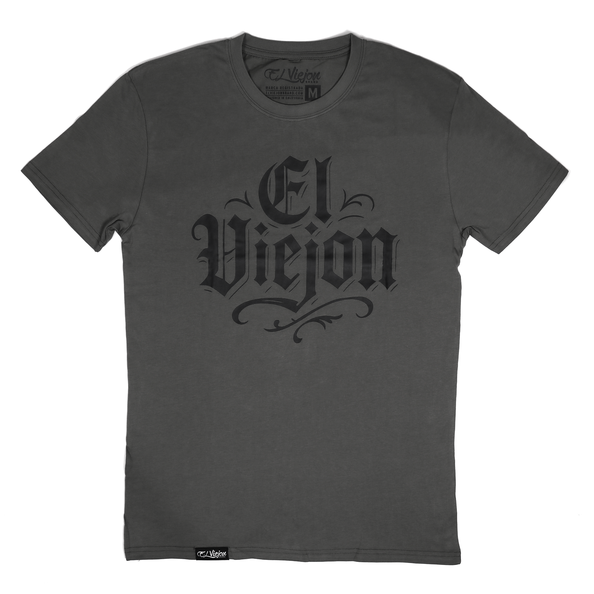 Charcoal gray 100% cotton "El Viejon" t-shirt with screen-printed gothic logo and small tag logo.