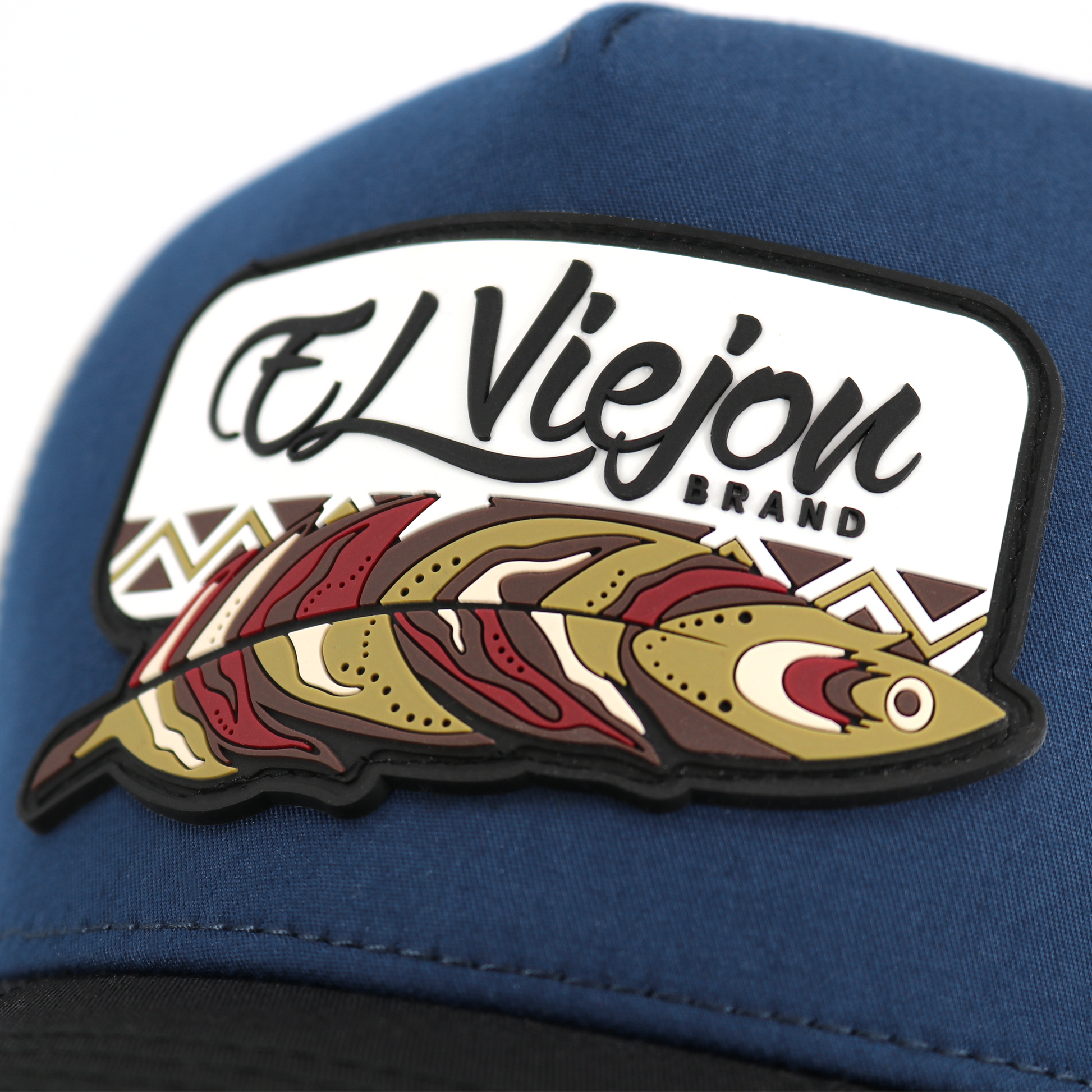 Nativo Black/Blue/Cream AVC hat with "El Viejon Brand" feather logo on a blue fabric crown.