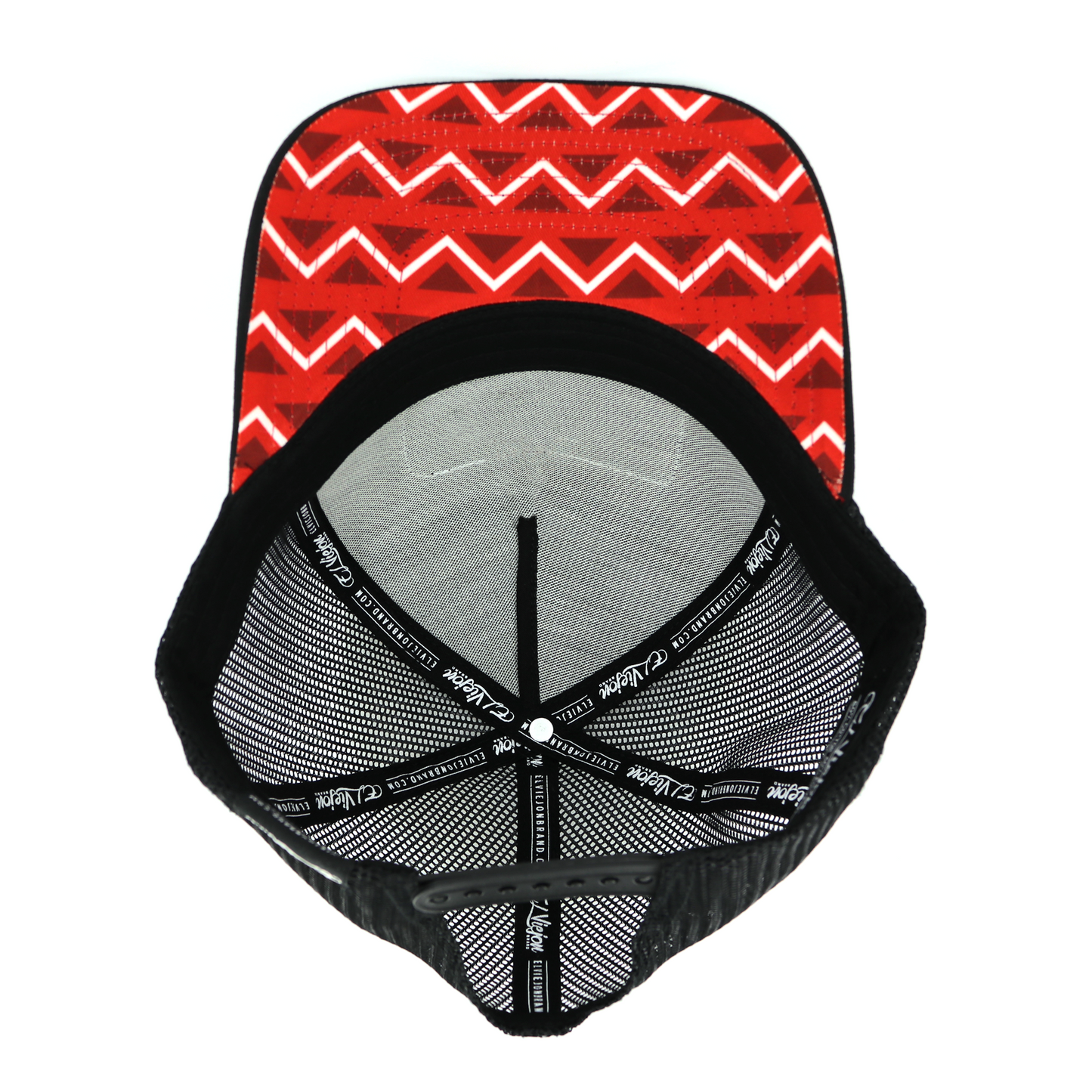 Nativo Black AVC hat with red and white zigzag pattern under visor, black mesh, and snapback.