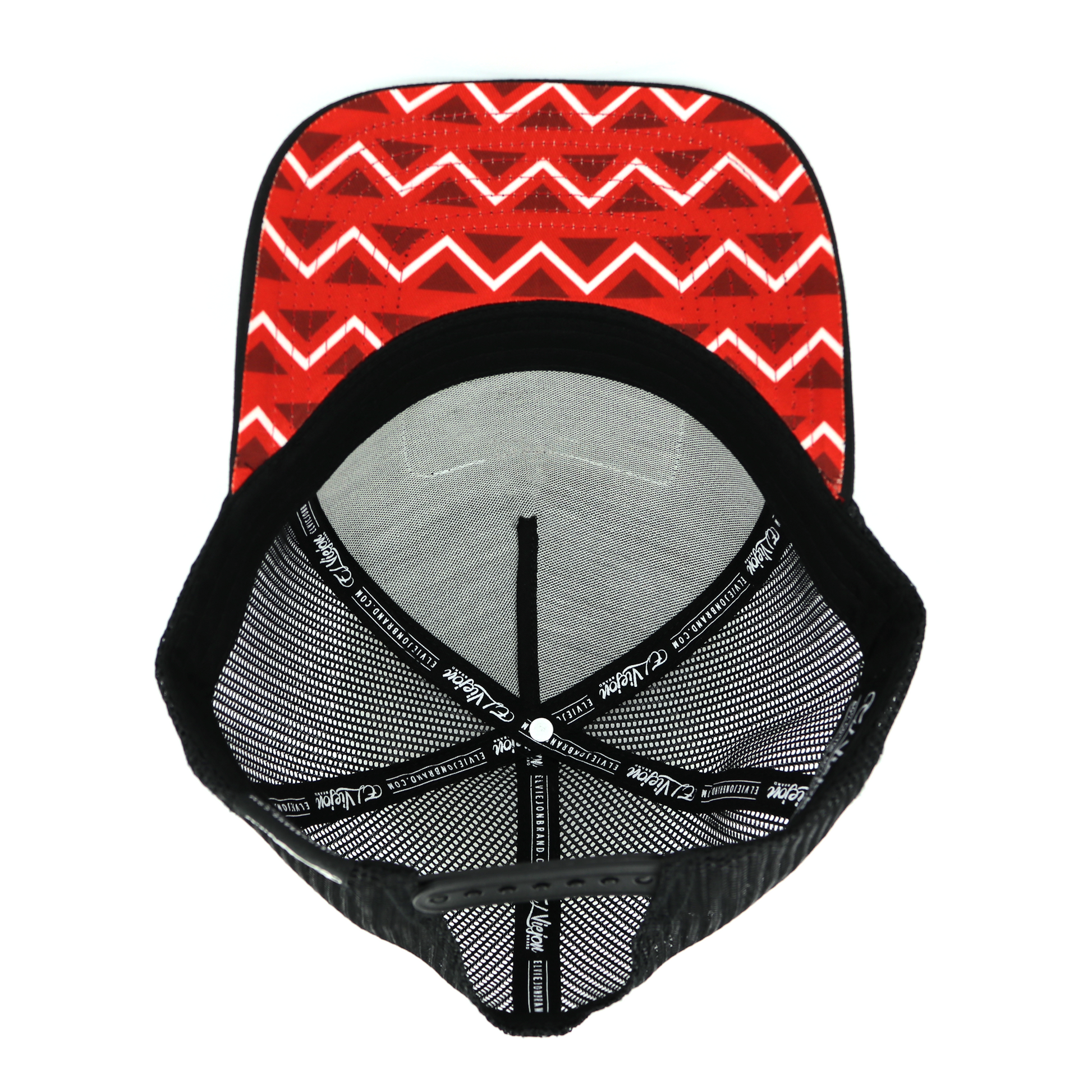 Nativo Black AVC hat with red and white zigzag pattern under visor, black mesh, and snapback.