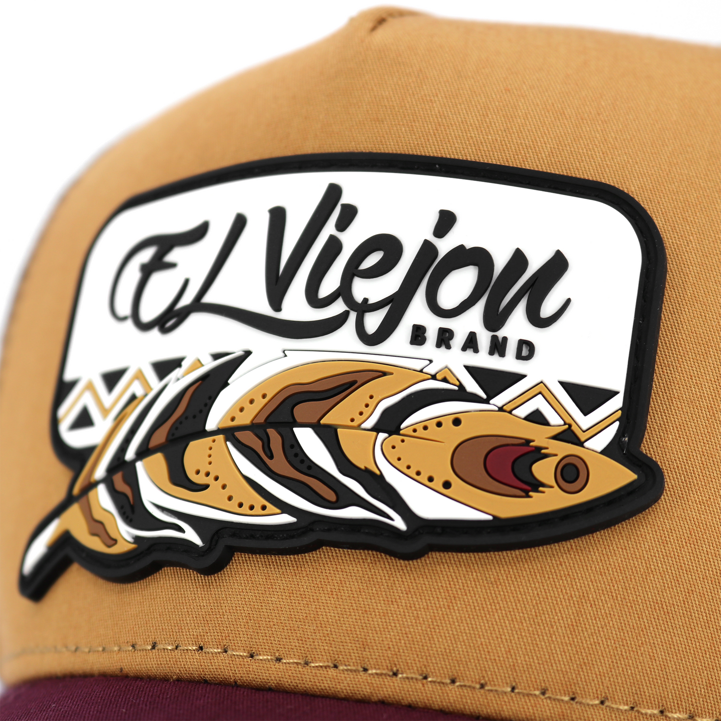 Nativo Maroon/Camel/Brown AVC hat with "El Viejon Brand" feather patch.