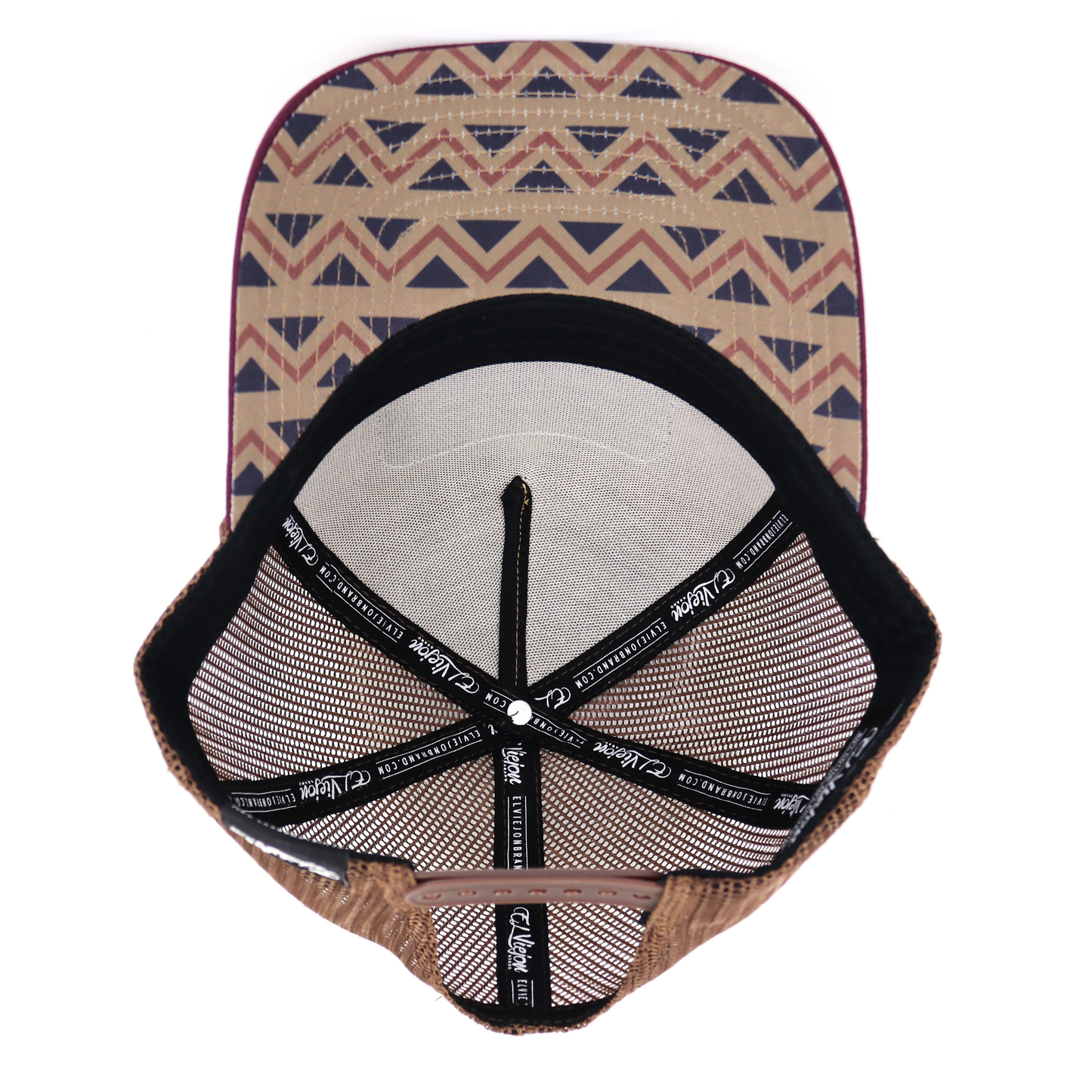 Nativo Maroon/Camel/Brown AVC hat with geometric pattern, brown mesh, and adjustable snapback.
