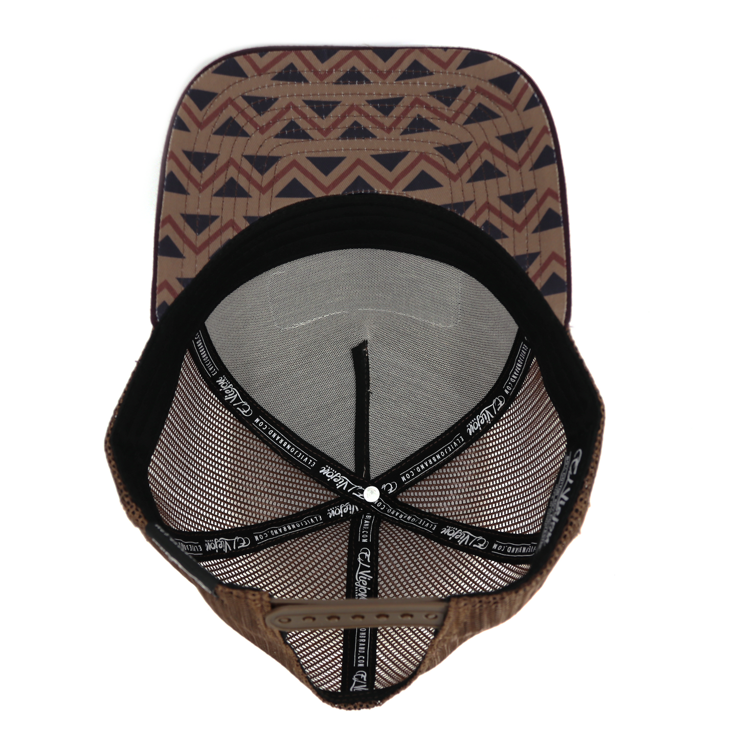 Nativo Plum/Khaki/Brown AVC hat with geometric pattern, brown mesh back, and adjustable snapback.