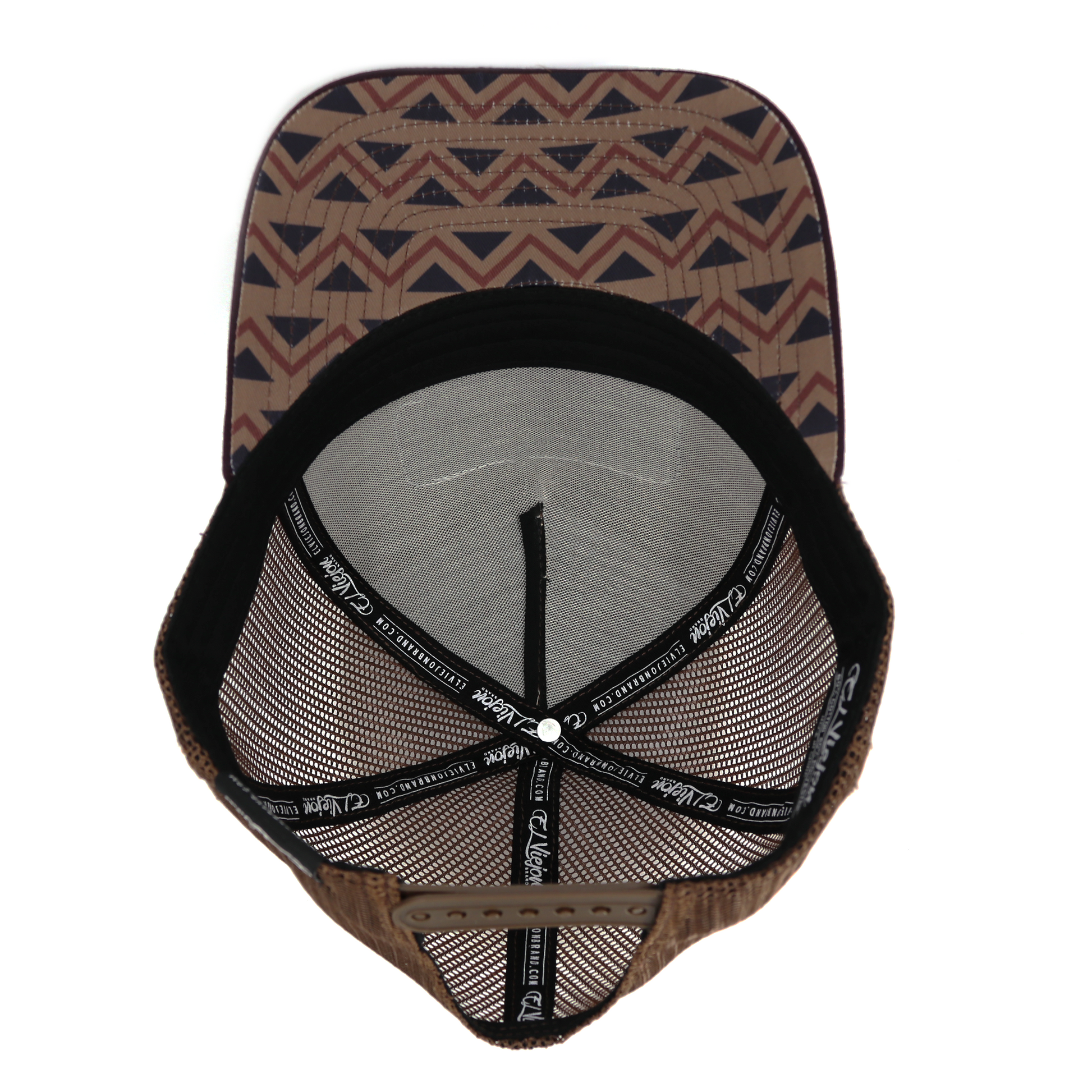Nativo Plum/Khaki/Brown AVC hat with geometric pattern, brown mesh back, and adjustable snapback.