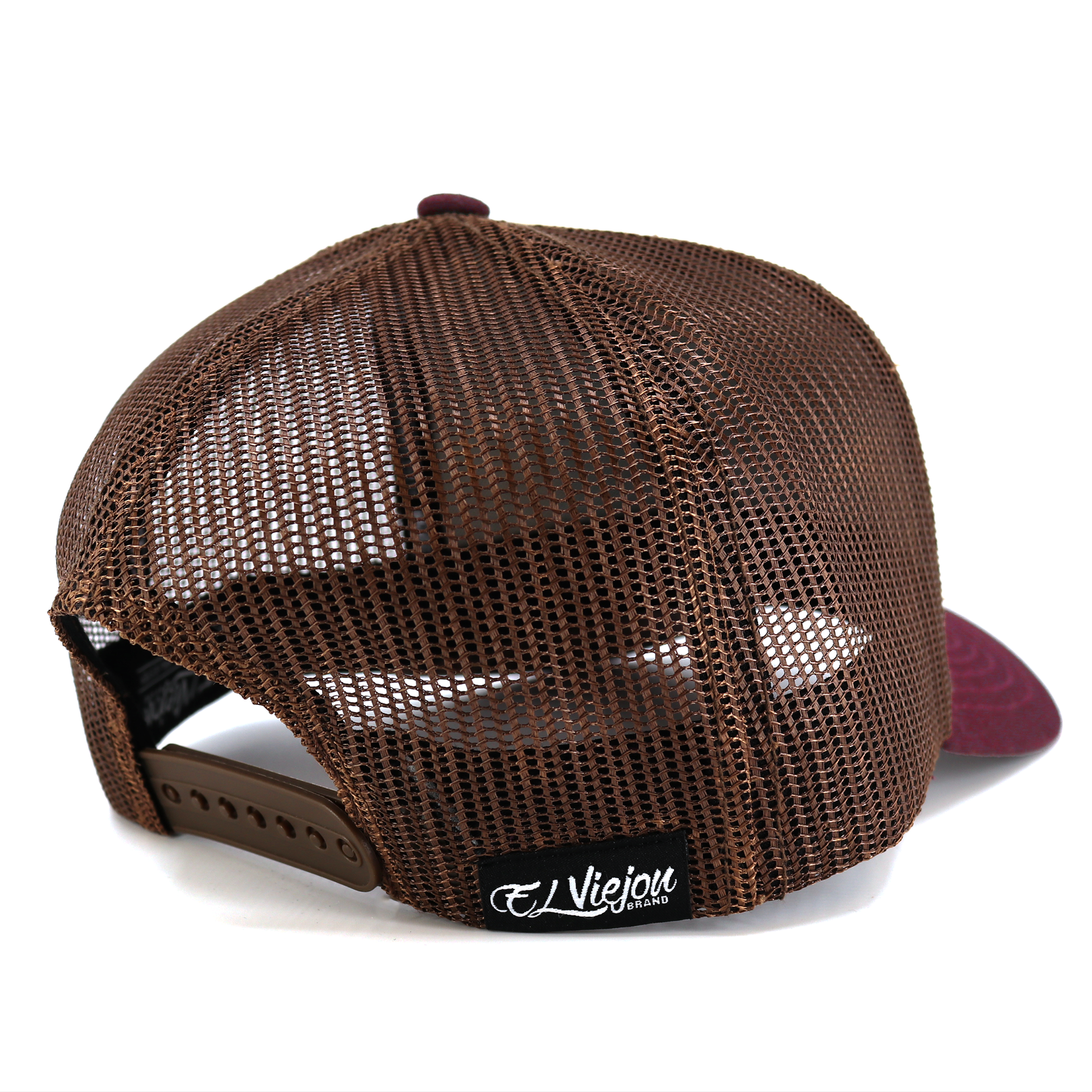 Nativo Plum/Khaki/Brown AVC hat with brown mesh back, adjustable snapback, and "El Viejou Brand" tag.