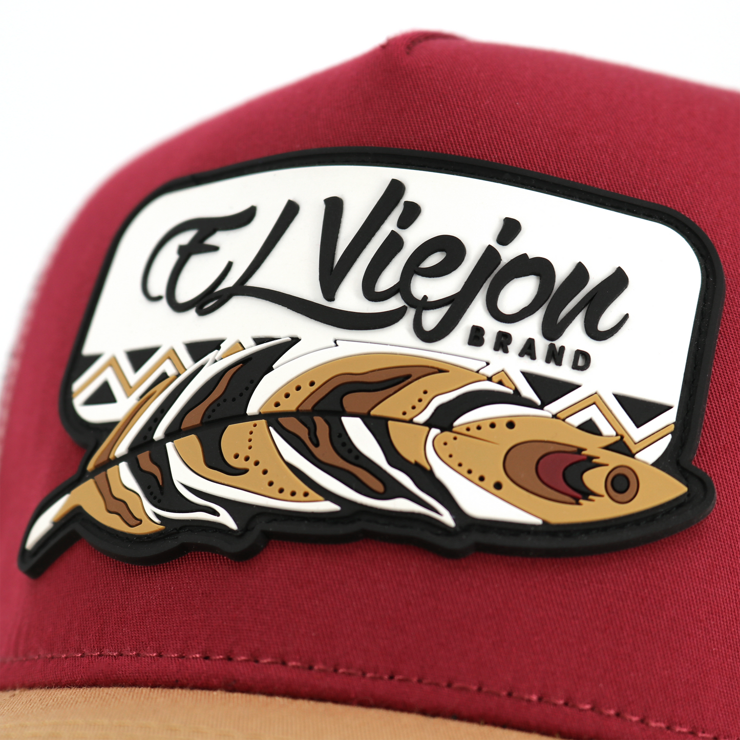Nativo Tan/Red/White AVC hat with "El Viejon Brand" patch and feather design.