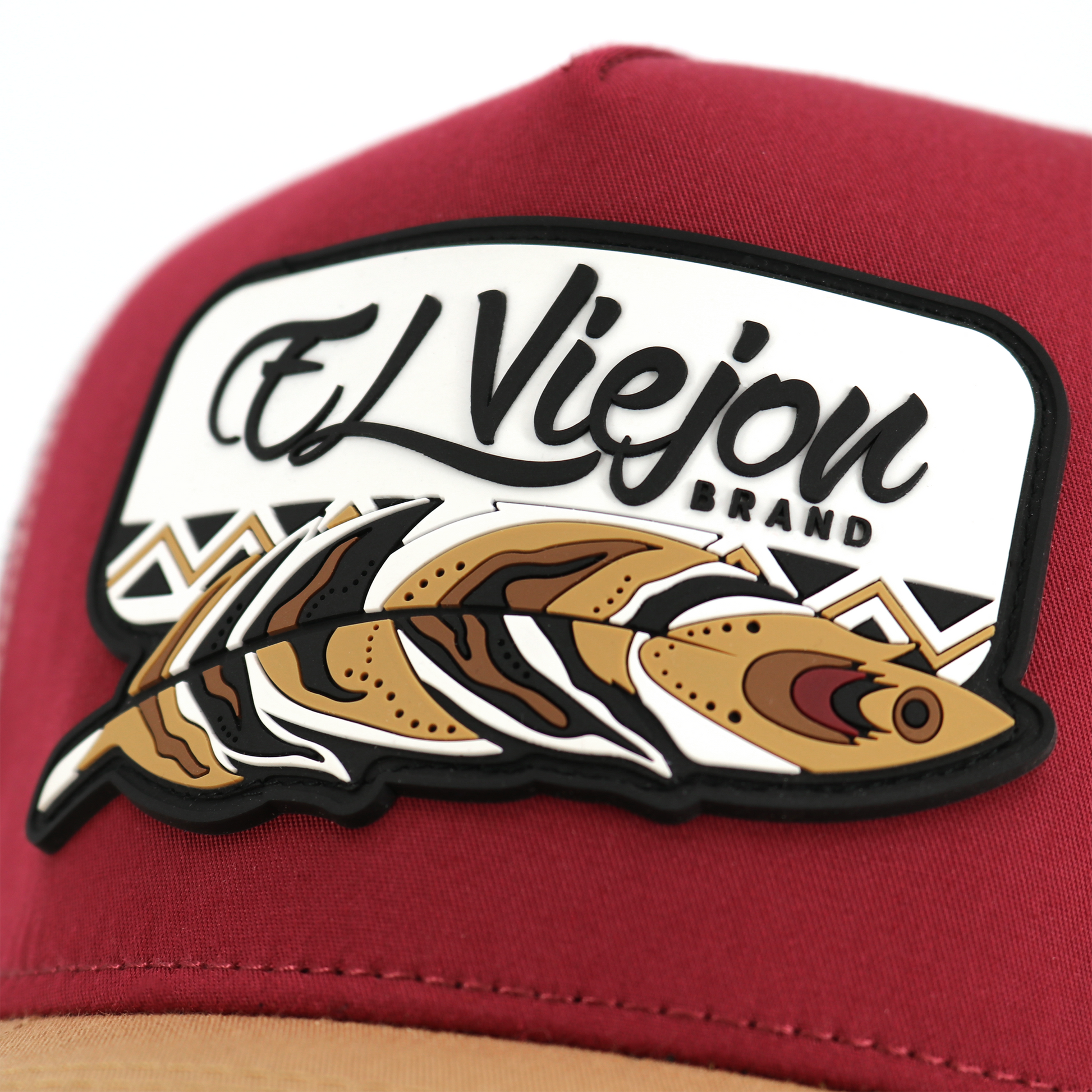 Nativo Tan/Red/White AVC hat with "El Viejon Brand" patch and feather design.