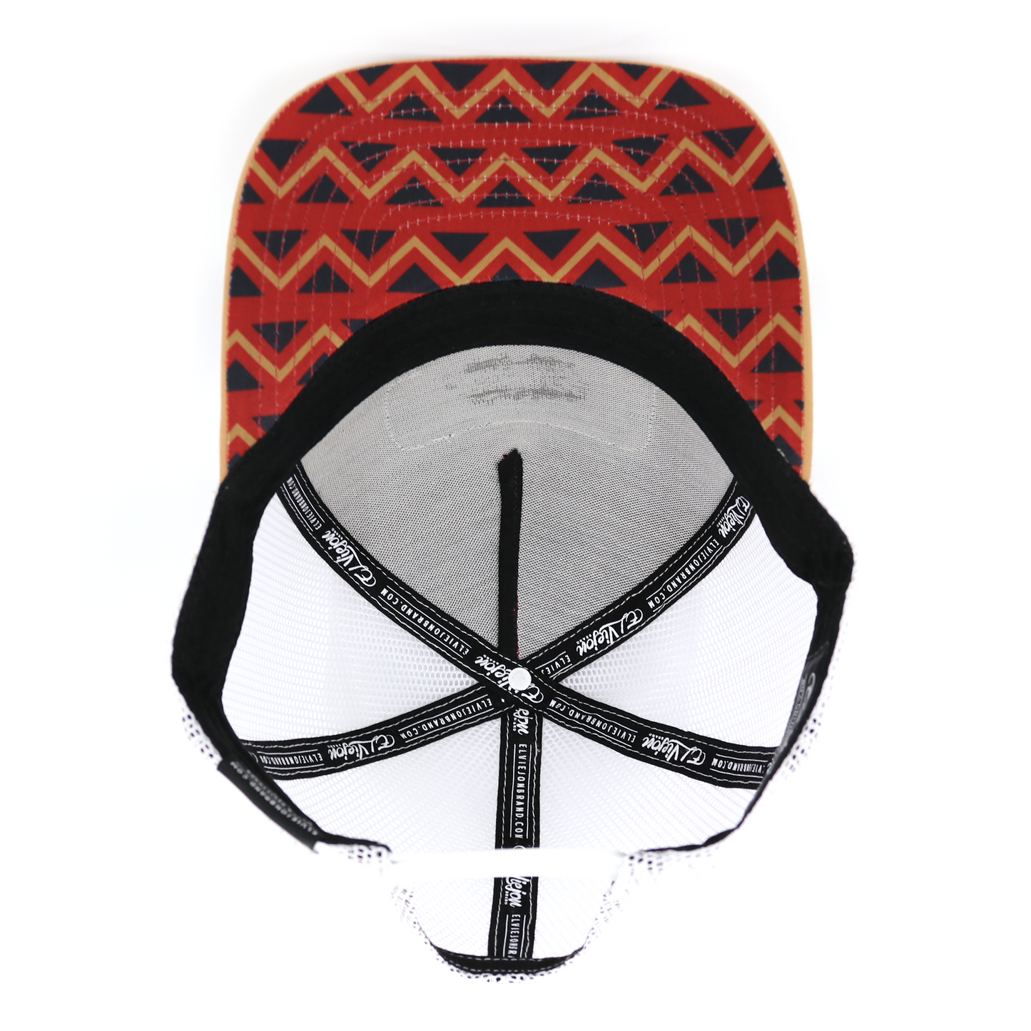 Nativo Tan/Red/White AVC hat with geometric pattern, white mesh back, and black snapback.