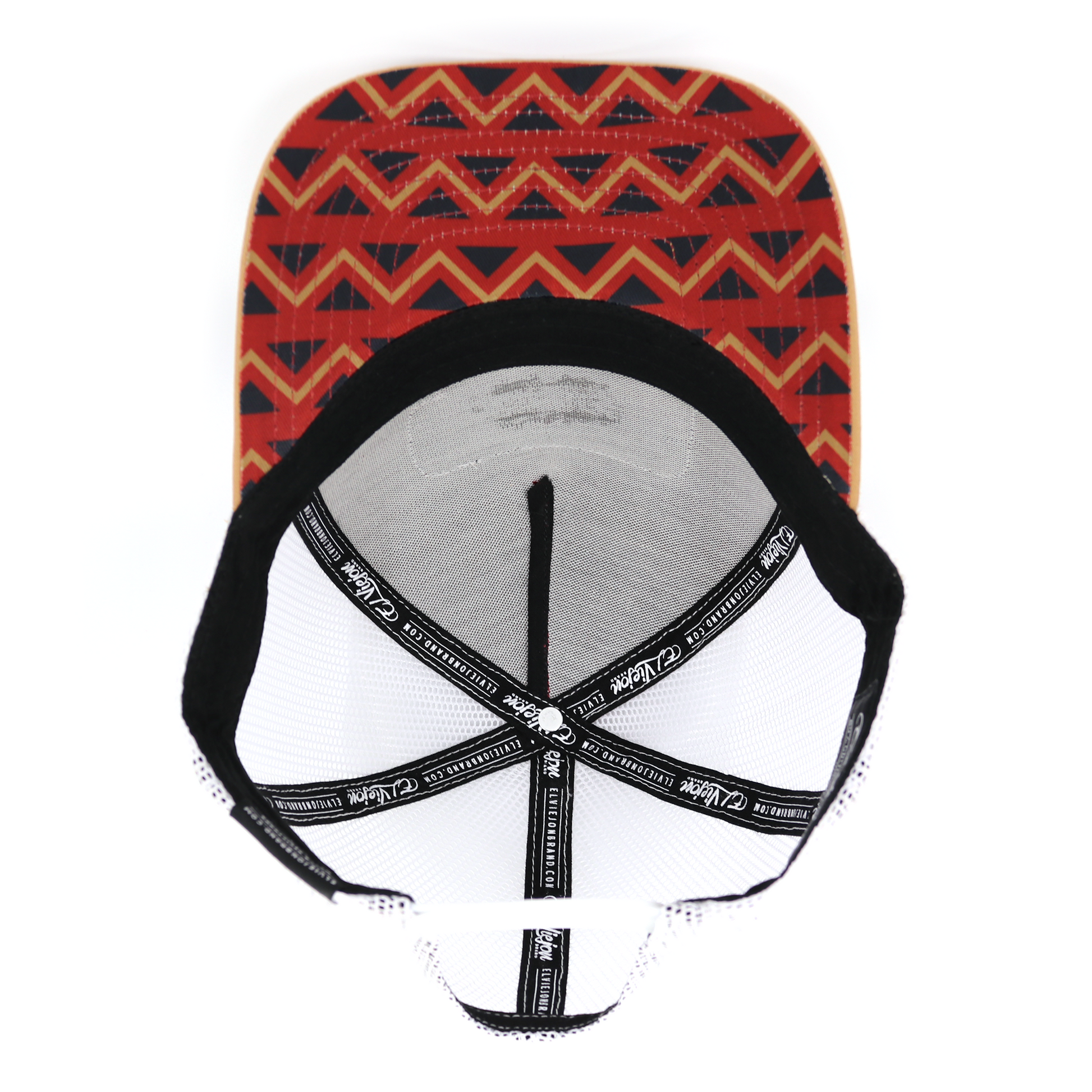 Nativo Tan/Red/White AVC hat with geometric pattern, white mesh back, and black snapback.