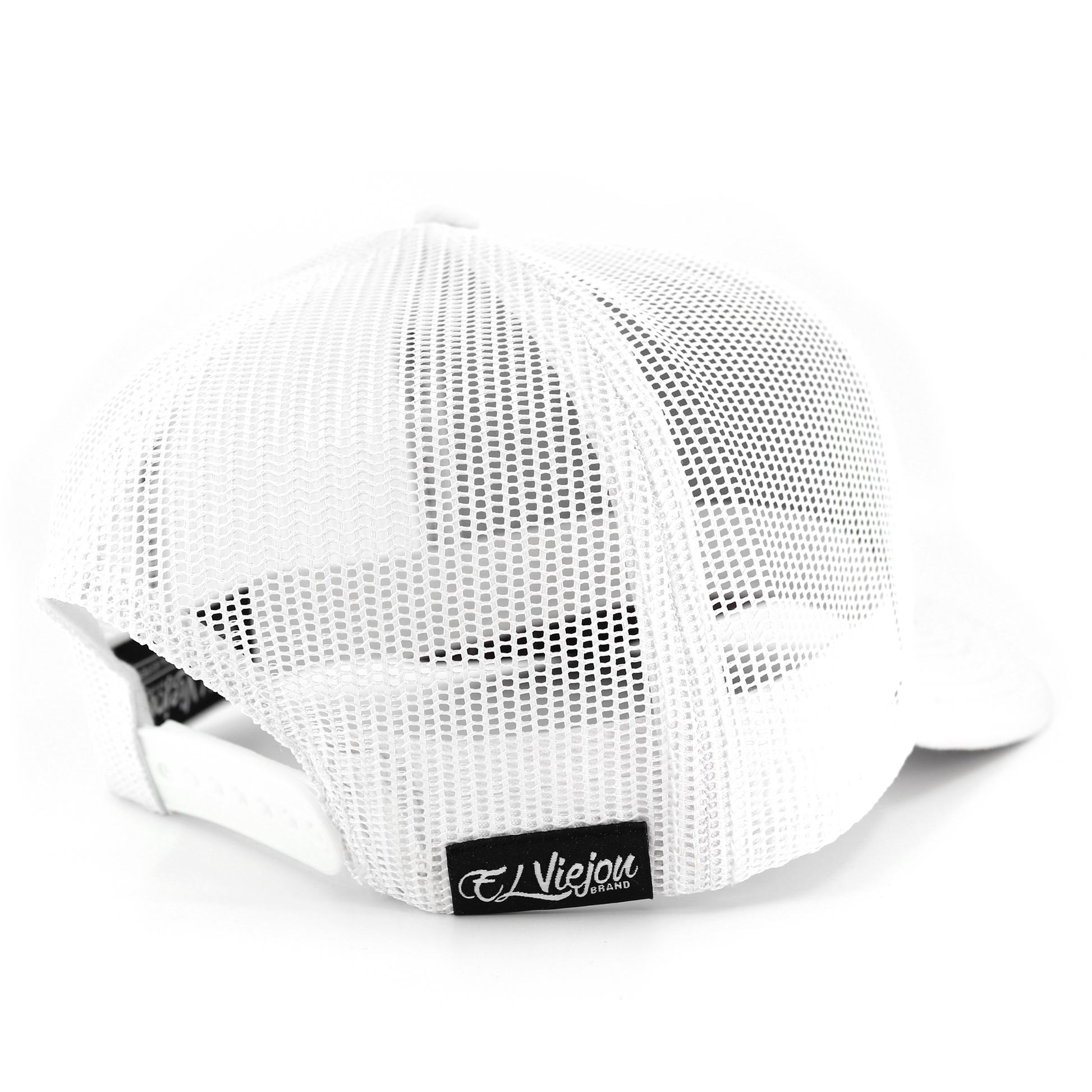 White Nativo AVC hat with white mesh back, adjustable snapback, and "El Viejou Brand" tag.