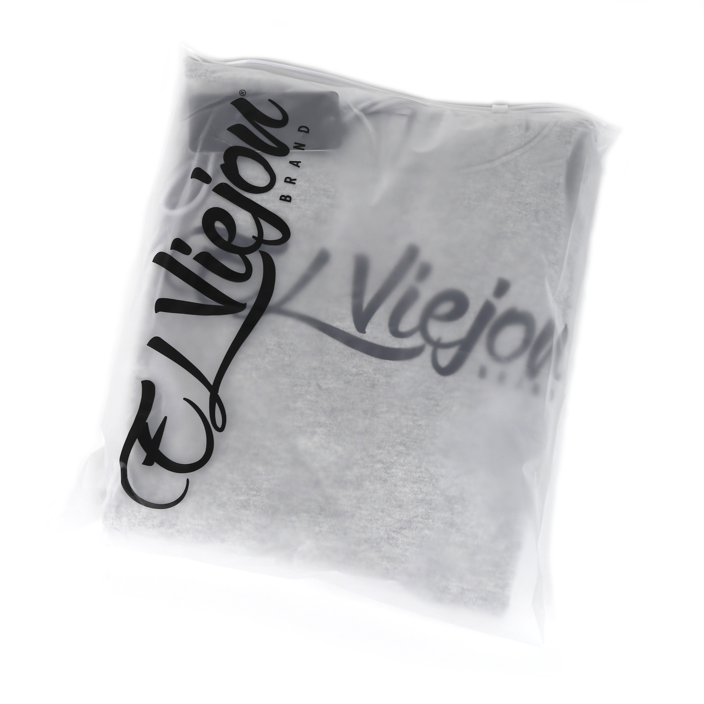 Grey heather cotton/poly fleece hoodie with "El Viejon Brand" logo, packaged in clear plastic.