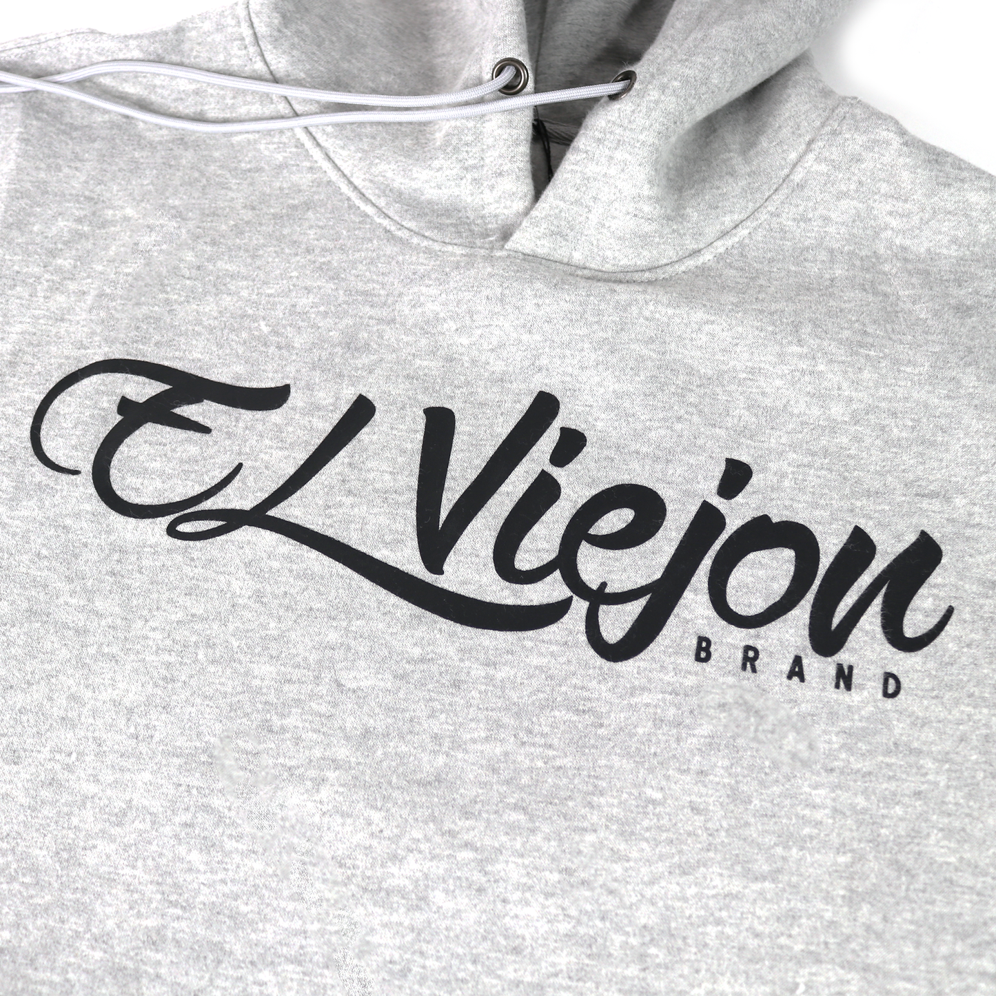 Origen heather cotton/poly fleece hoodie with black "El Viejon Brand" screen-printed logo and white drawstrings.