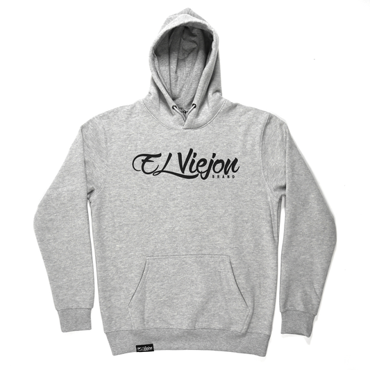 Origen heather grey cotton/poly fleece hoodie with black "El Viejon Brand" logo and front pocket.