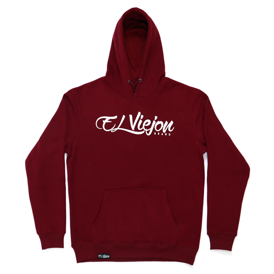Hoodie Origen maroon de algodón/poly fleece con logo El Viejou blanco serigrafiado y bolsillo frontal.