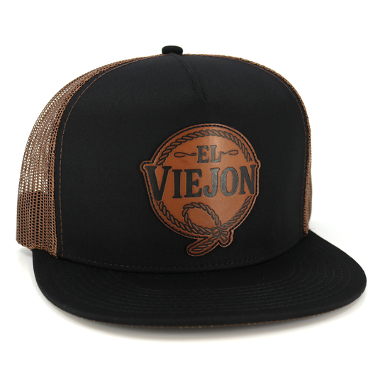 Rienda Black/Brown flat visor hat with "EL VIEJON" leather patch, black front, and brown mesh back.