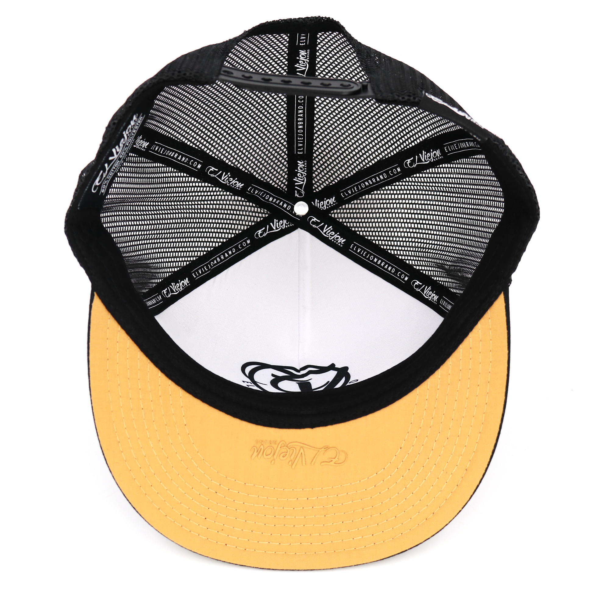 Rienda Black flat visor hat, 5-panel, high profile, black mesh back, and adjustable snapback.