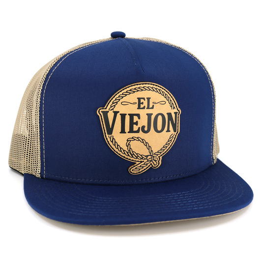 Rienda Navy/Tan flat visor hat with "EL VIEJON" leather patch and tan mesh back.