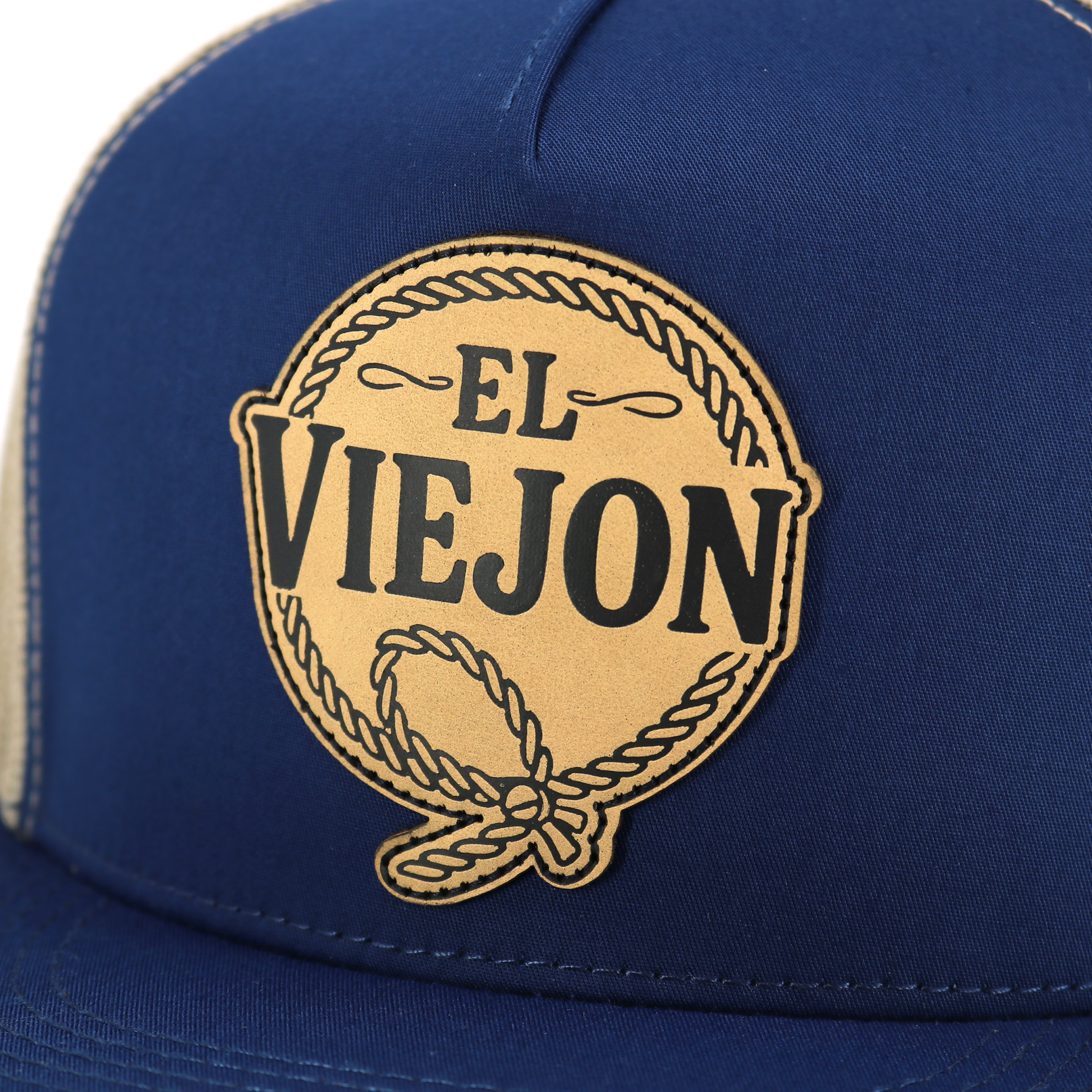 Rienda Navy/Tan flat visor hat with "EL VIEJON" leather patch and rope design.