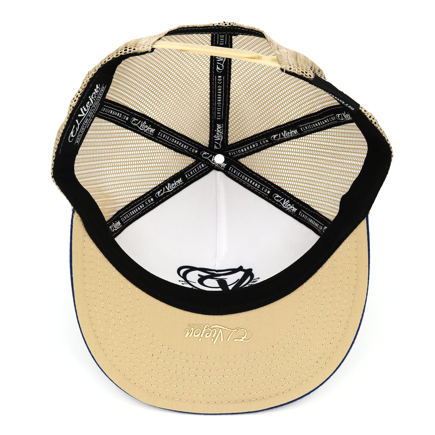 Rienda Navy/Tan flat visor hat, high profile, 5-panel, adjustable snapback, with tan mesh.