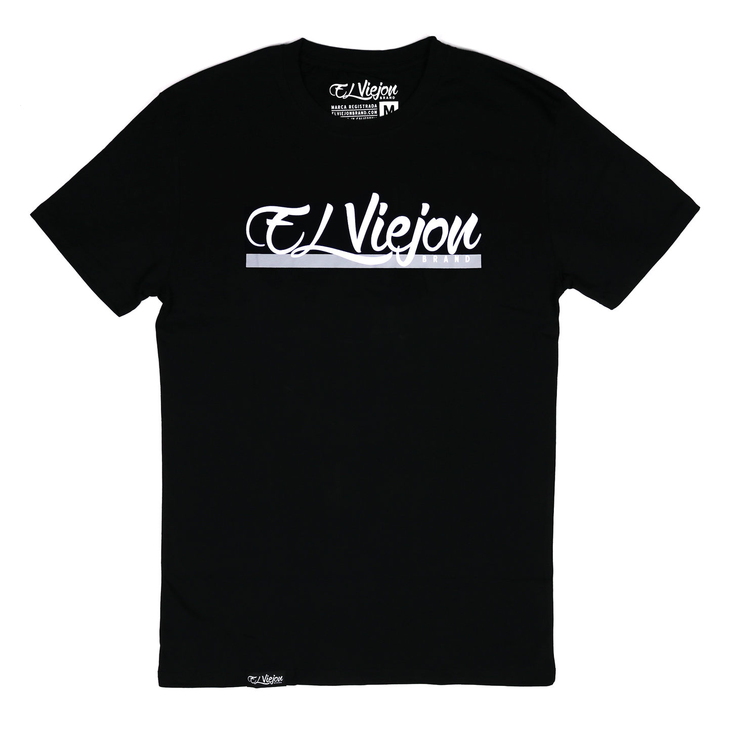 Alpha Shirt negra de algodón con logo blanco "El Viejon Brand" serigrafiado en el pecho y etiqueta en el dobladillo.