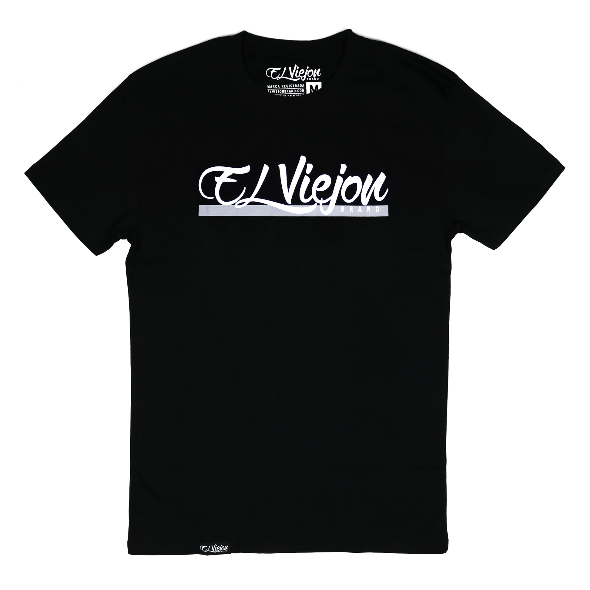 Alpha Shirt negra de algodón con logo blanco "El Viejon Brand" serigrafiado en el pecho y etiqueta en el dobladillo.