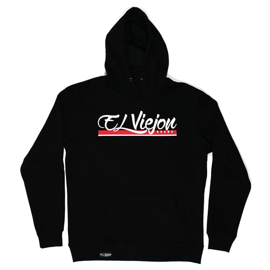 Black cotton/poly fleece hoodie with "El Viejon Brand" logo in white and red, front pocket.
